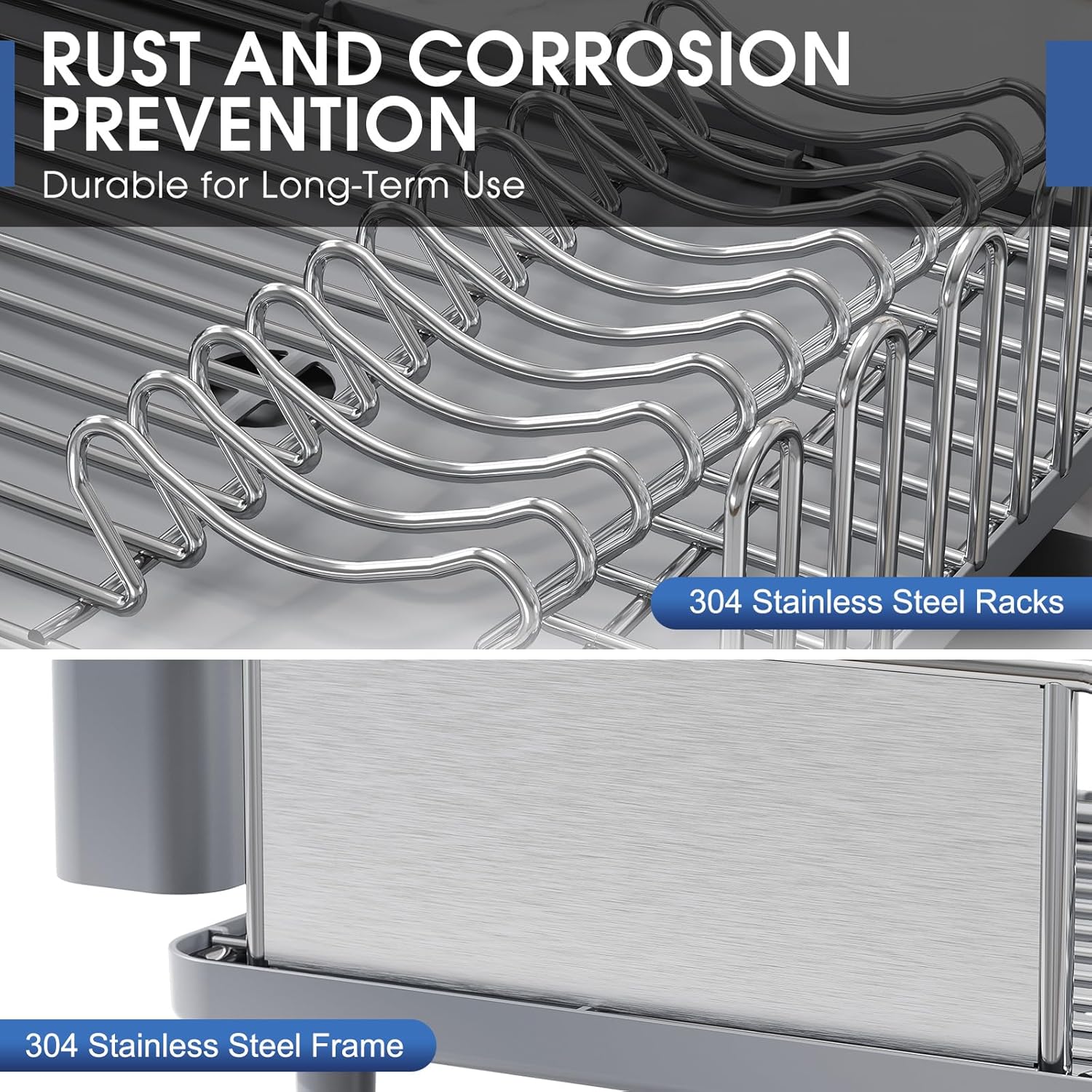 Dish Drainer Rack, Stainless Steel Dish Rack, Draining Board Rack with Anti-Rust Frame, Optional 2 Direction Spout Sink Drain Board Design, Removable Large Utensil Holder for Kitchen, Grey - Image 2