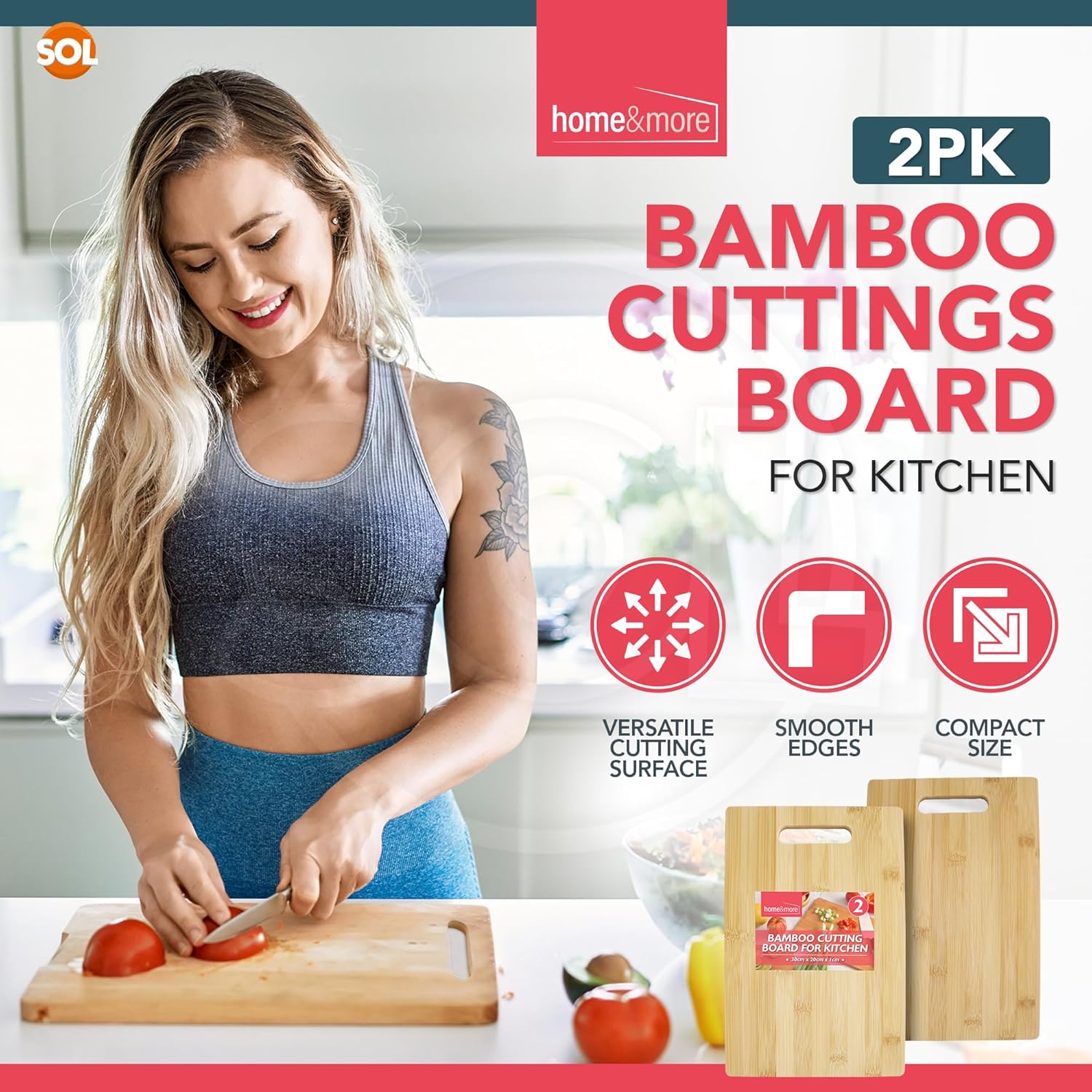 SOL 2pk Bamboo Cutting Board for Kitchen 30 x 20cm x 1cm Wooden Chopping Surface for Bread Meat Fruit and Vegetables Durable Serving Tray for Household Meal Preparation Everyday Use - Image 4