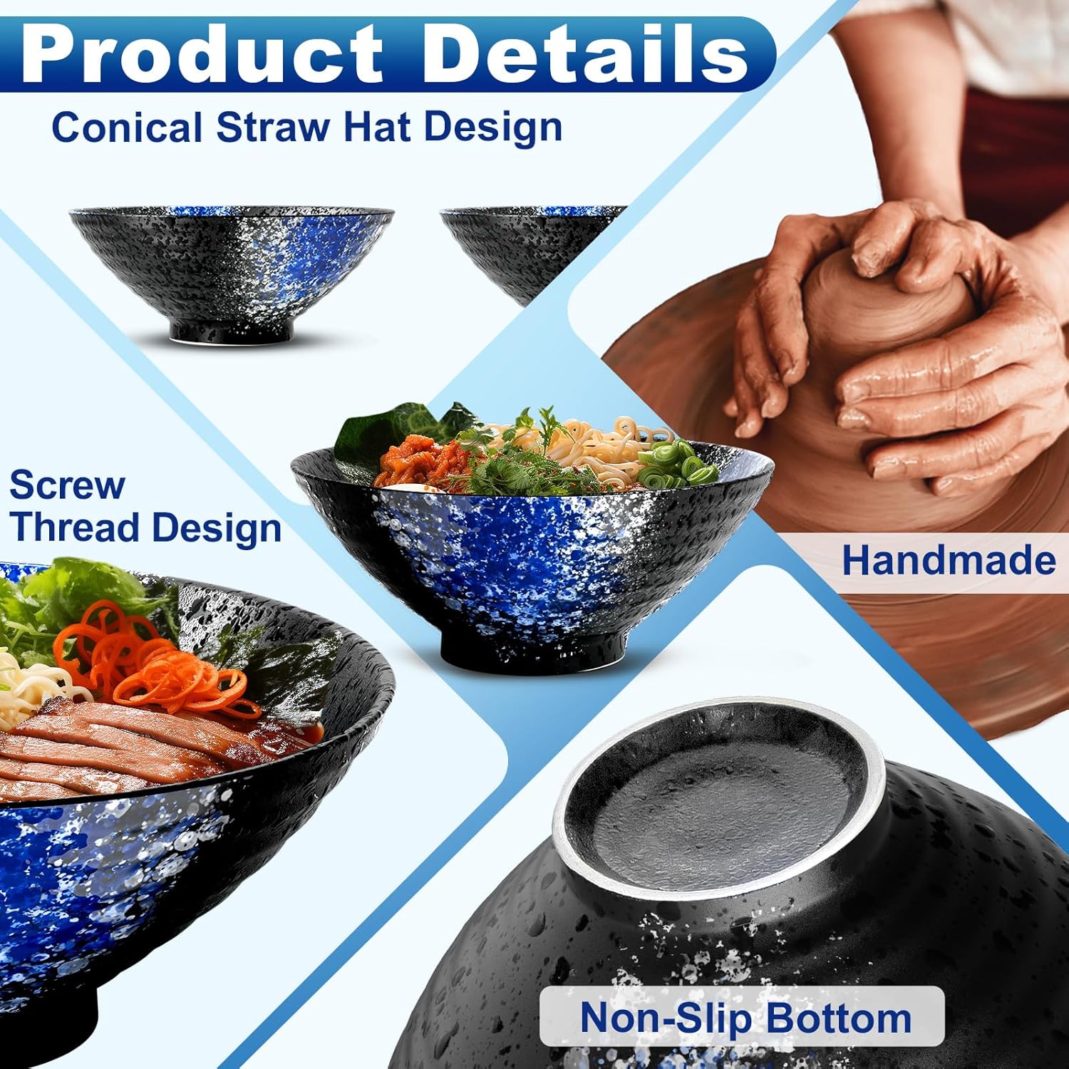 8-Inch Large Ceramic Ramen Bowl Set of 2 (9 Piece) - Microwave & Dishwasher Safe Porcelain Japanese Salad Noodles Cereal Fruit Pasta Soup Bowls with Recipes Chopsticks Forks Spoons for Men Women Gift - Image 3