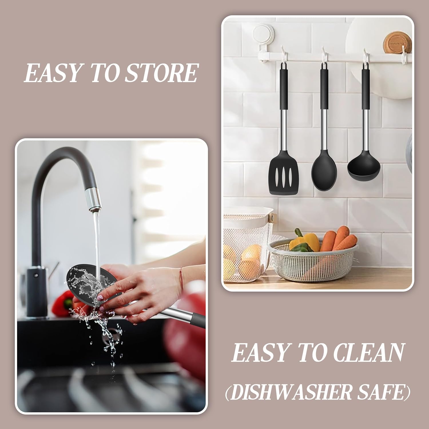 Onader Black Kitchen Utensils Set, 6 Pieces Silicone Cooking Utensils for Non-Stick Cookware, Heat Proof Kitchen Cooking Tools, Stainless Steel Handle & Dishwasher Safe - Image 6