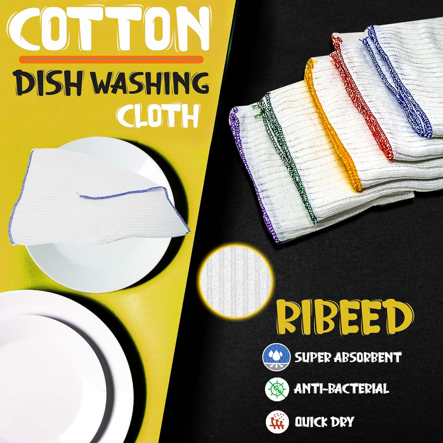 Towelogy® Heavy Duty Cotton Dish Cloths Extra Large SUPER ABSORBENT Cleaning Scrubbing Washing Drying Rags Kitchen Tea Towels Colour Coded Dishcloths MACHINE WASHABLE 38x40cm (Assorted, Pack Of 4) - Image 3