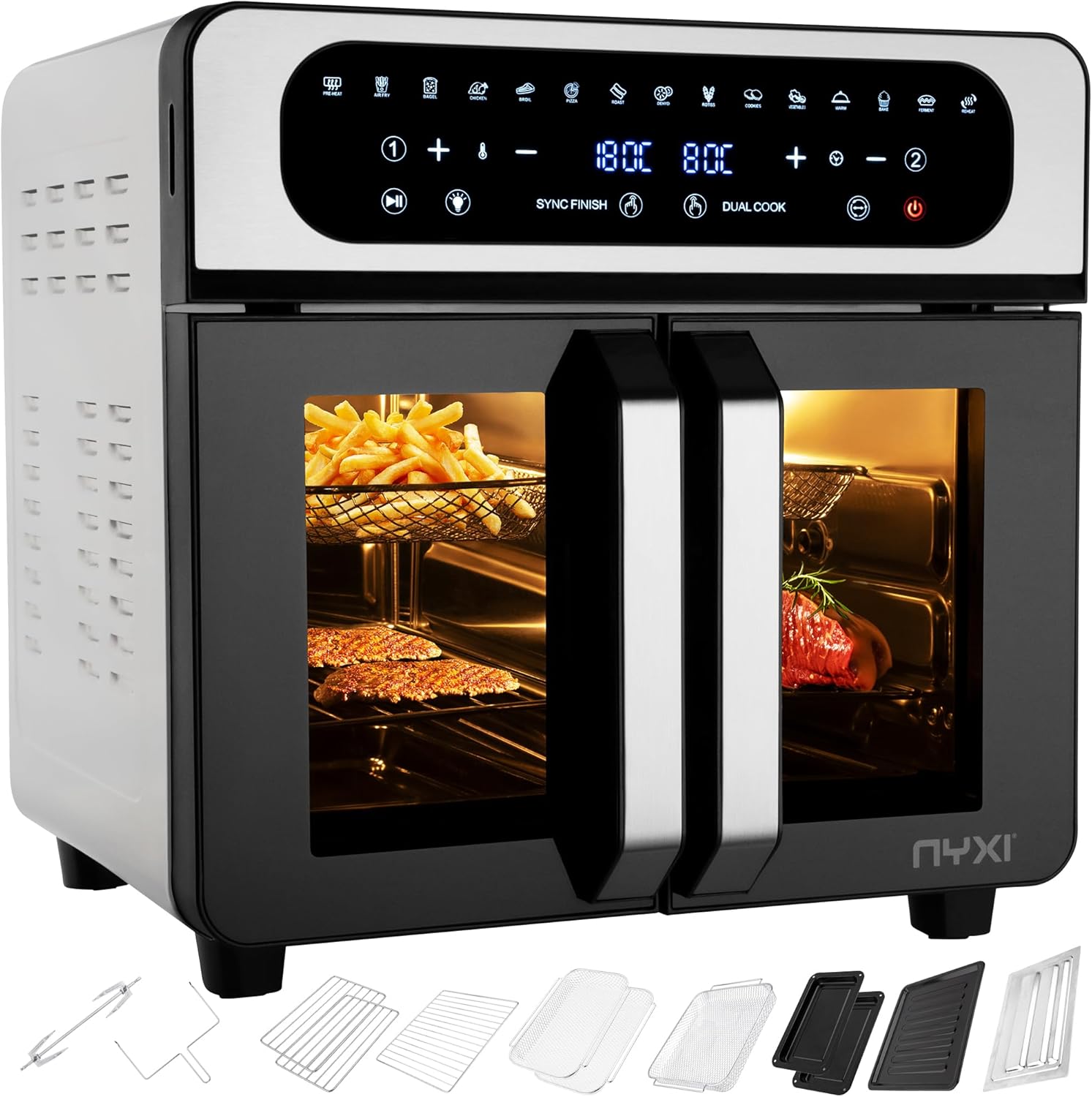 Nyxi 20L Air Fryer Oven with Dual French Glass Doors, Visual Window, 13 Cooking Modes, Digital Control, Adjustable Temperature, Timer, Non-Stick Tray, 12 Accessories, Stainless Steel - Image 7