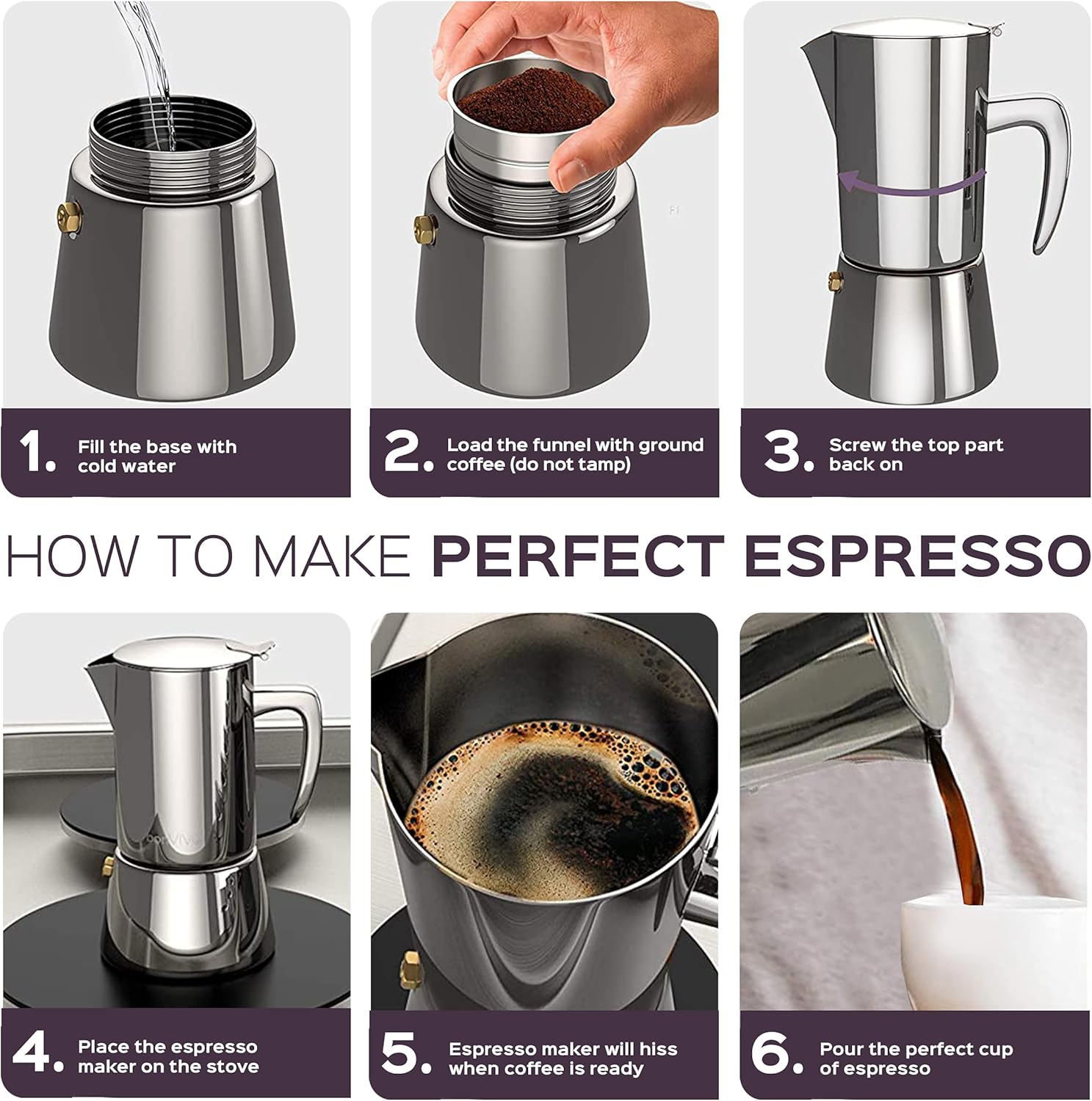 bonVIVO Moka Pot - 2 Cup Intenca Stainless Steel Espresso Maker w/Silver Finish - Stove Top Italian Coffee Maker - 100ml Cup Coffee Pot - Gifts for Men and Women - Image 6