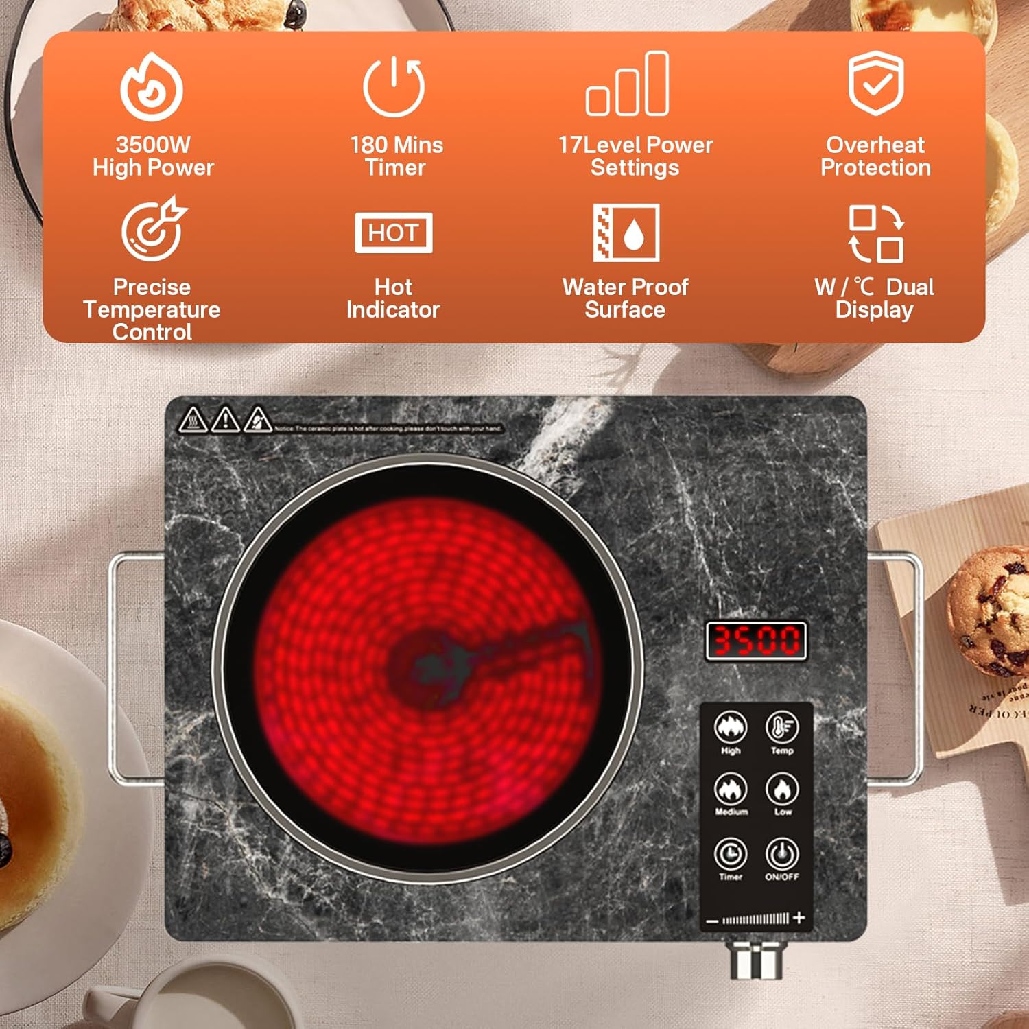 3500W Ceramic Cooktop | 230V Infrared Electric Hob | Compatible with All Flat-Bottom Pots | Microcrystalline Glass | Eco-Friendly & Safe | Premium Marble Design - Image 6
