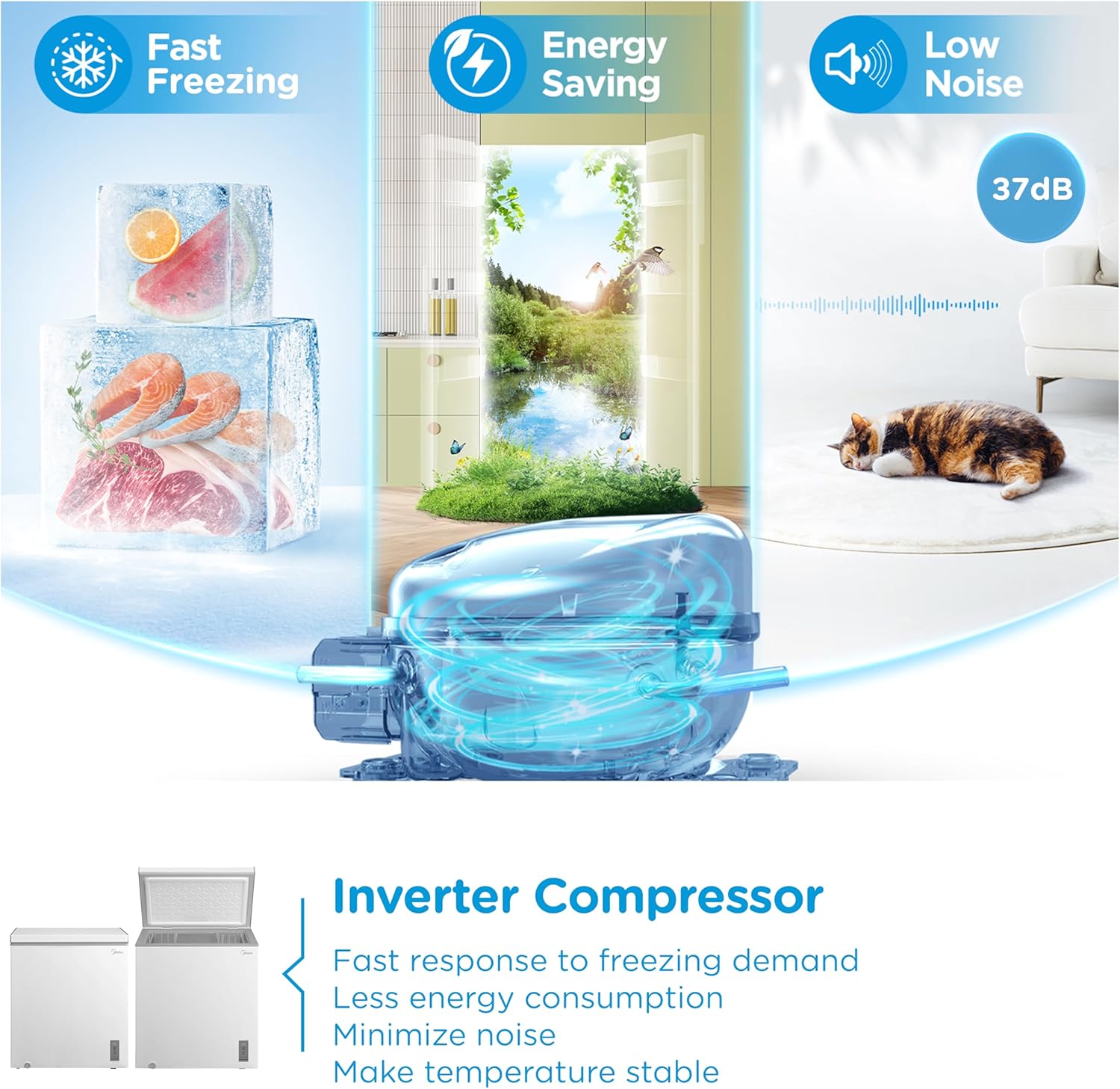Midea MDRC284FZE01 198L Chest Freezer, Refrigeration and Freezer Conversion, Fast Freeze, Inverter Compressor, 9kg/24h Freezing Capacity, Suitable for Outbuildings/Garages/Sheds, White - Image 7