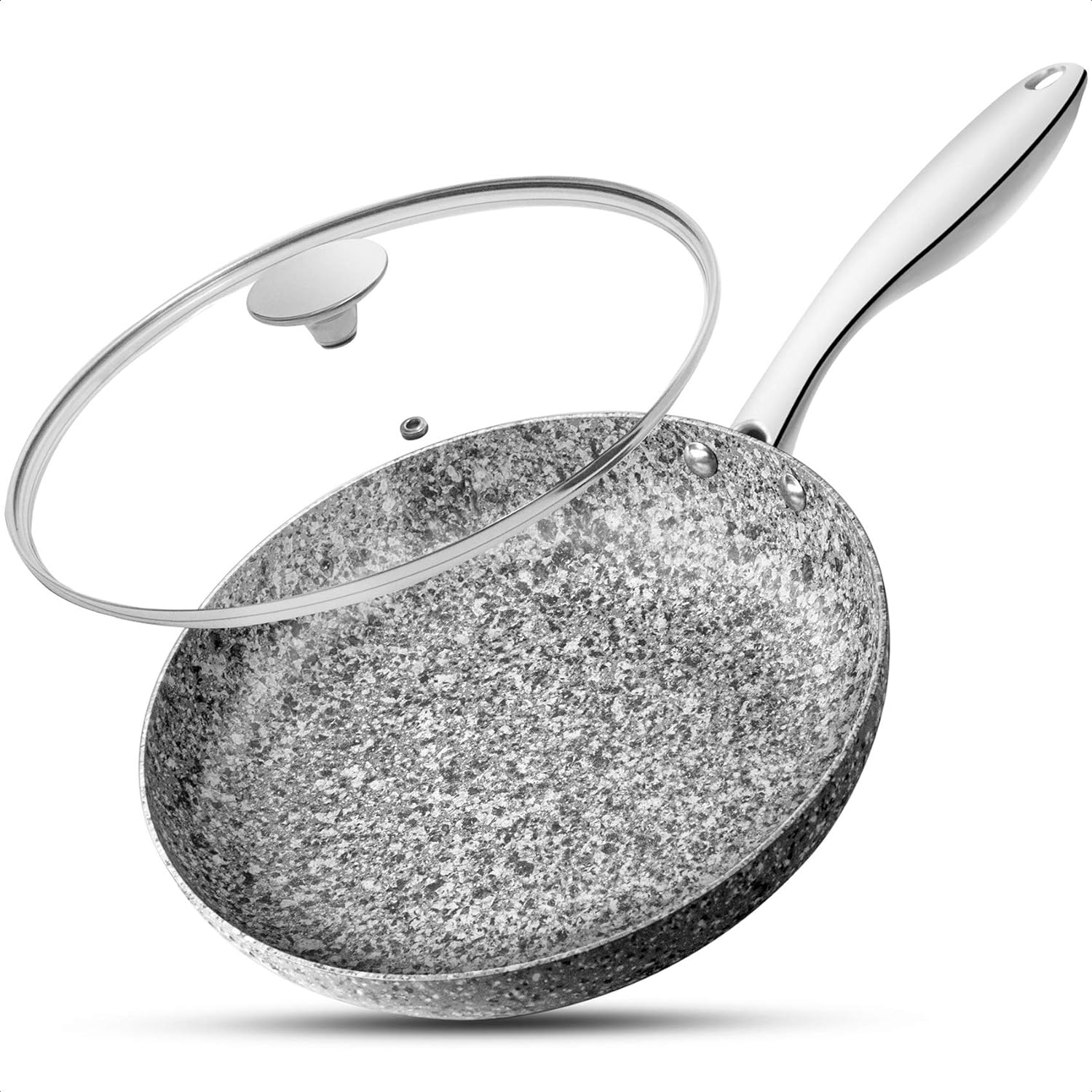 MICHELANGELO 26CM Frying Pan with Lid, Non Stick Fry Pan, Stone-Derived Coating Omelette Pan for Induction, Granite Skillets with Lid-Oven Safe