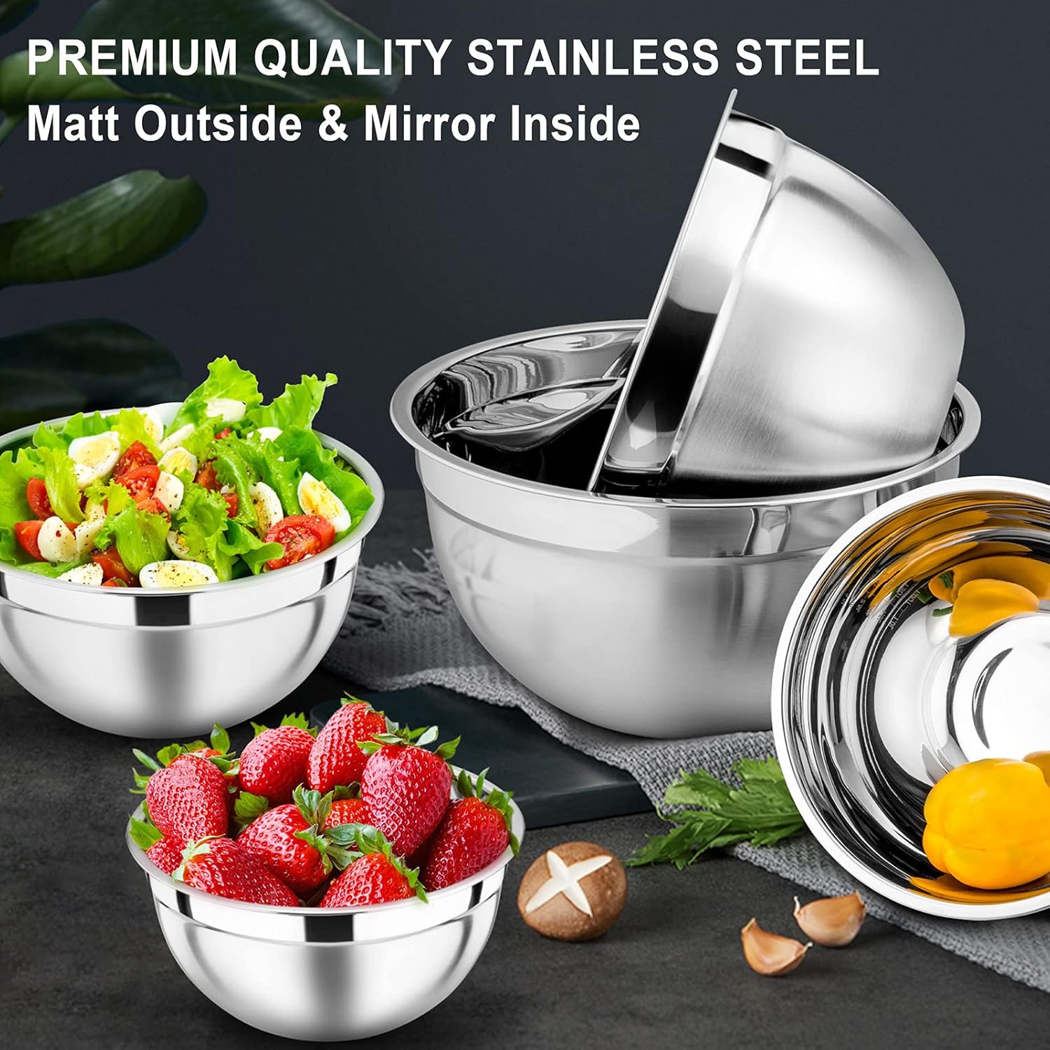Homikit Stainless Steel Mixing Bowls with Airtight Lids, 5 Piece Nesting Salad Bowls for Space-Saving Storage, Metal Serving Bowl for Kitchen Baking/Cooking/Prepping, Size 0.7/1/1.5/2.6/4.6QT - Image 4
