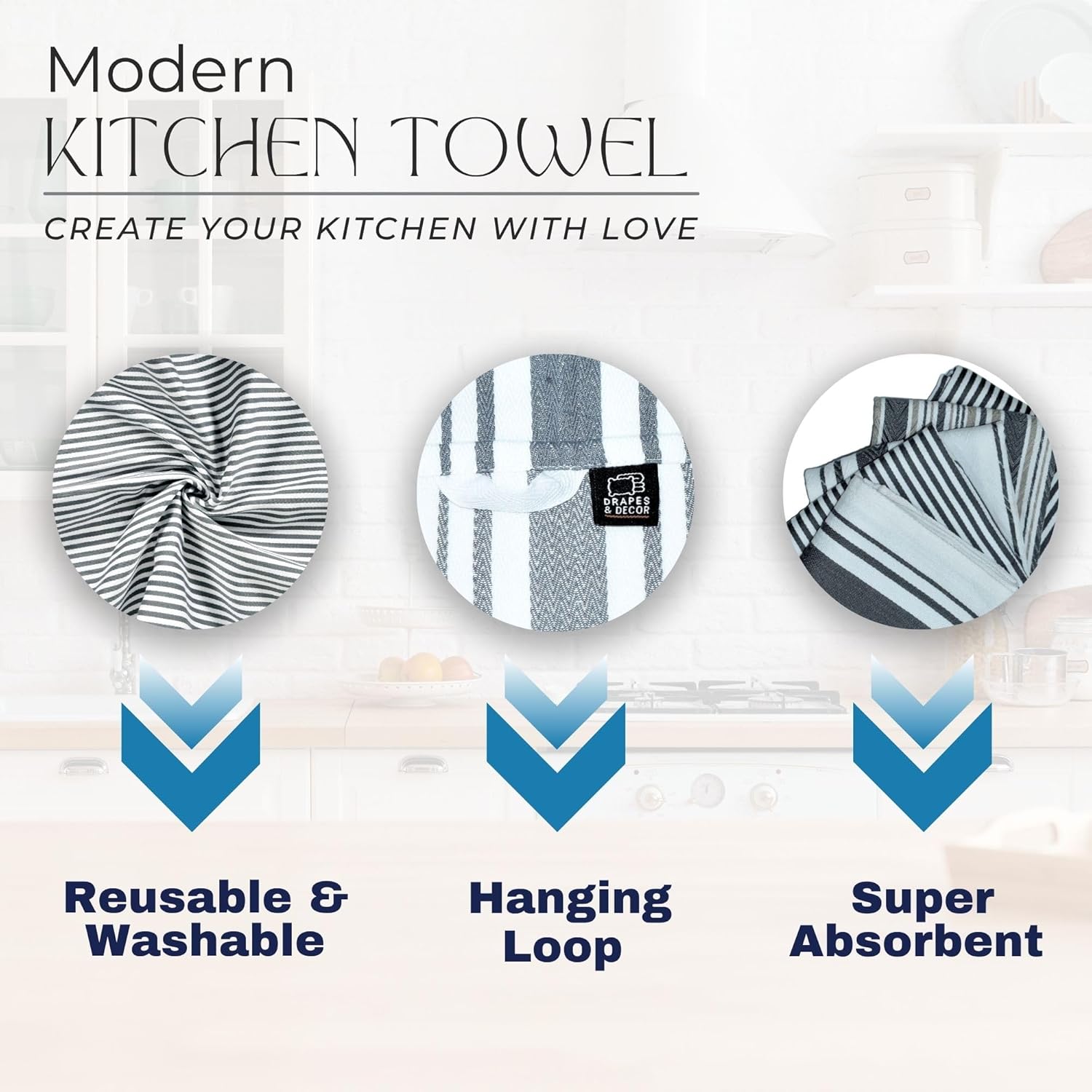 DRAPES & DECOR Pack of 5-Grey Cotton Tea Towels for Kitchen Crafted With 100% Cotton, Extra Large Kitchen Tea Towels Lint Free, Soft and Absorbent Dish Towel For Drying Dishes (50x70cm)-300GSM - Image 5