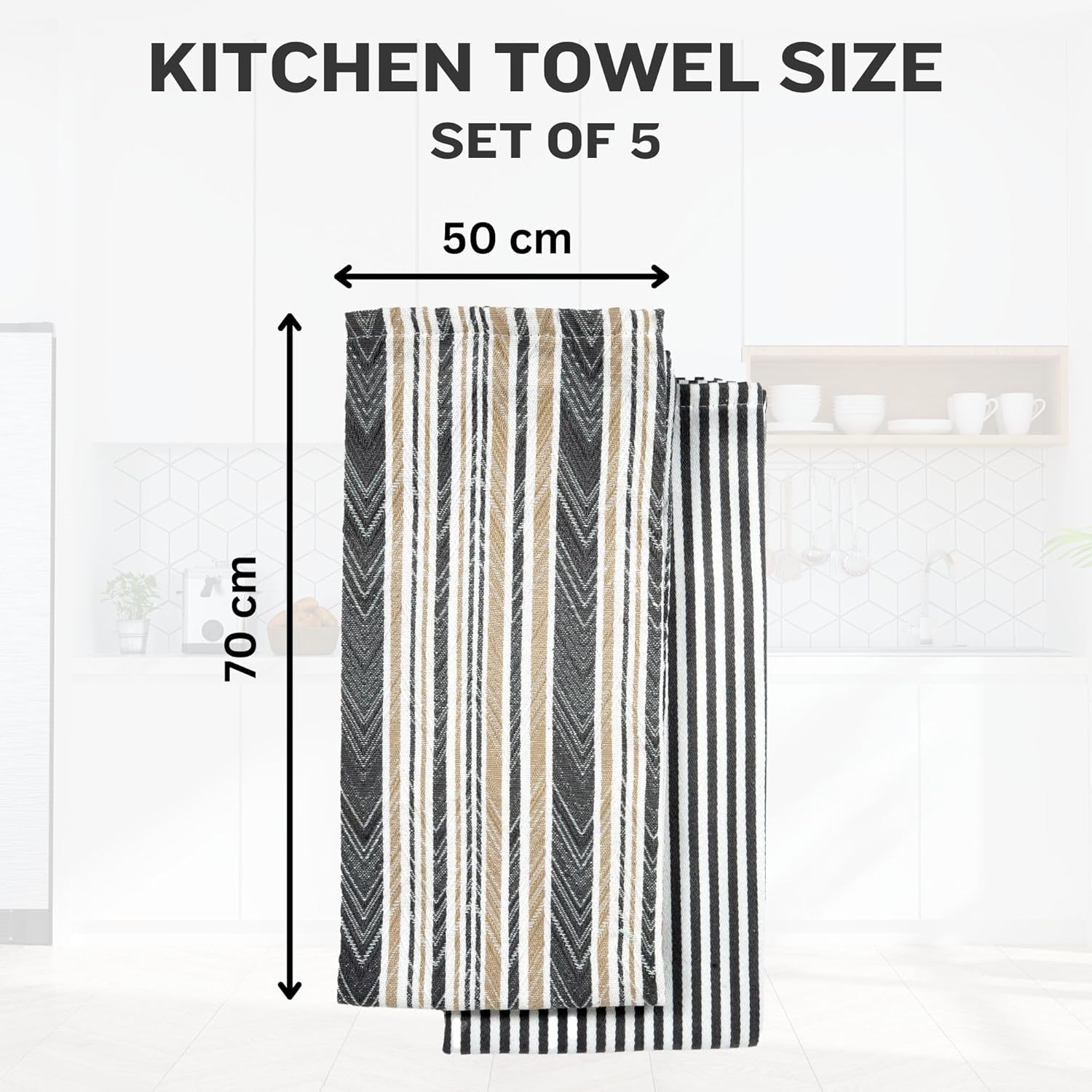 DRAPES & DECOR Pack of 5-Grey Cotton Tea Towels for Kitchen Crafted With 100% Cotton, Extra Large Kitchen Tea Towels Lint Free, Soft and Absorbent Dish Towel For Drying Dishes (50x70cm)-300GSM - Image 2