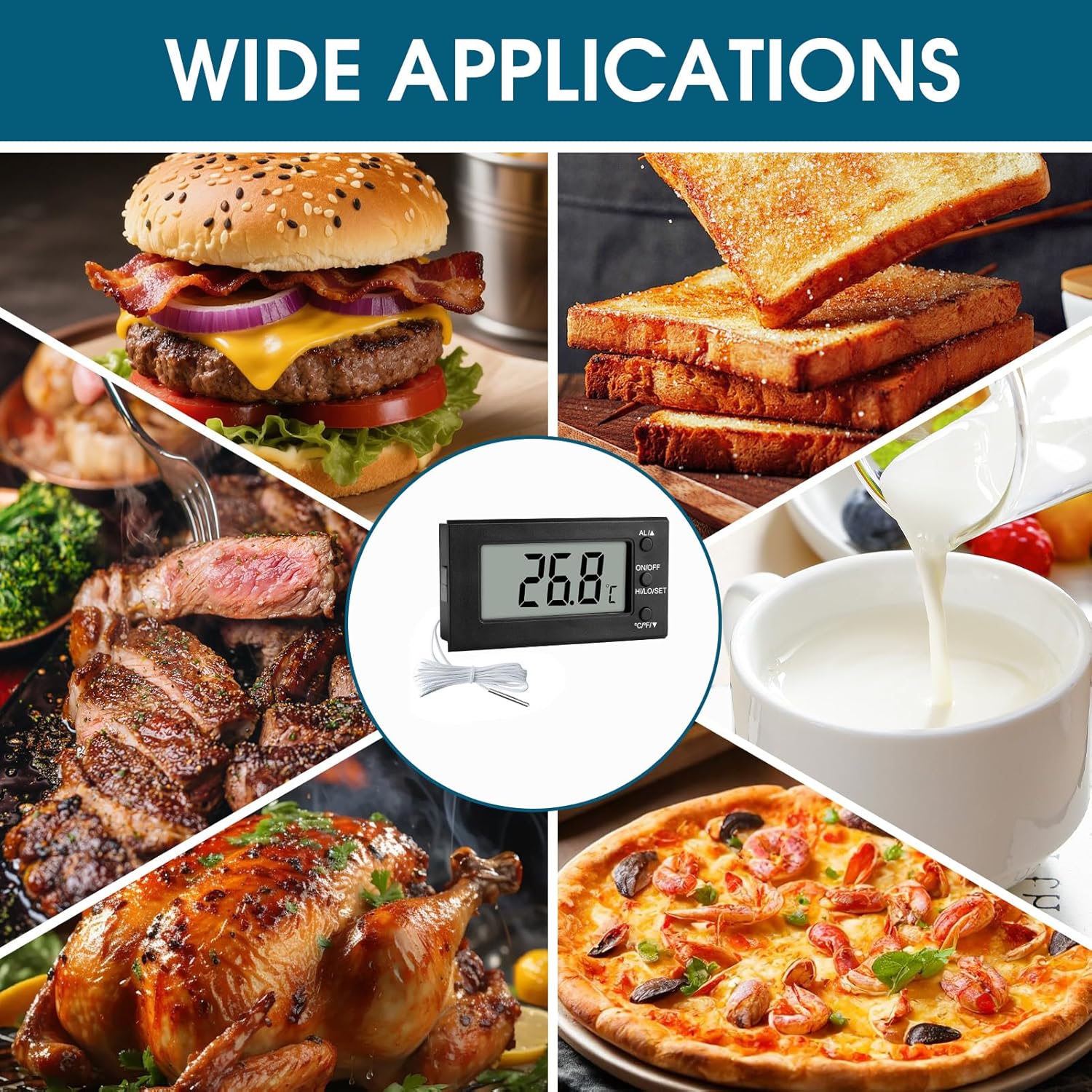 Oven Thermometer Digital 300°C Heat Resistant Temperature Probe for Baking, BBQ, Frying, Meat, Oil & Milk, Instant Read with Timer Alarm, Waterproof LCD Display - Image 6