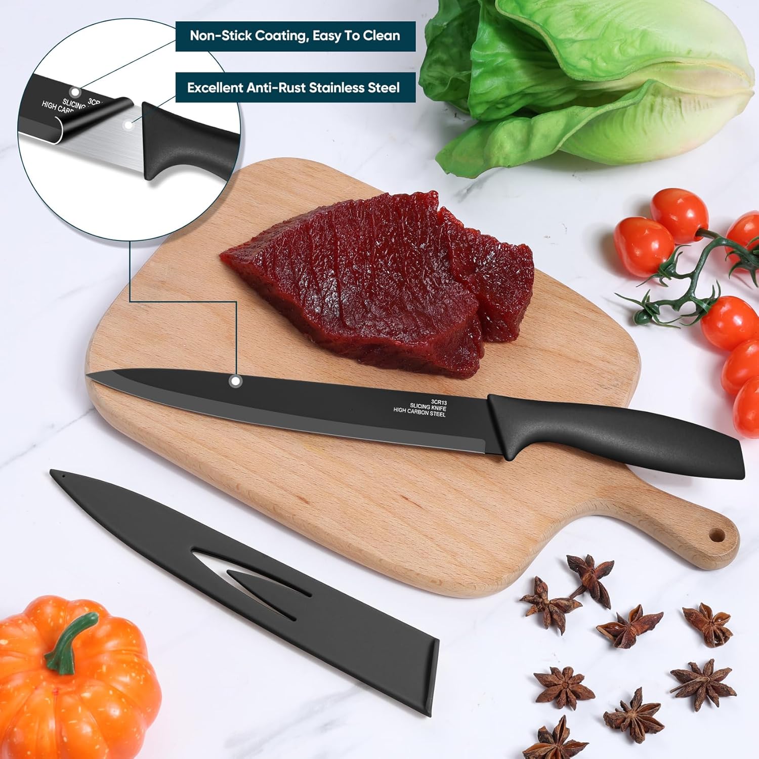 Homikit 6 Pieces Kitchen Knife Set with 6Pcs Covers, Stainless Steel Sharp Knives Including Paring, Utility, Bread, Slicing, Santoku & Chef Knife, Non-Stick Coating & Easy Clean - Black - Image 6