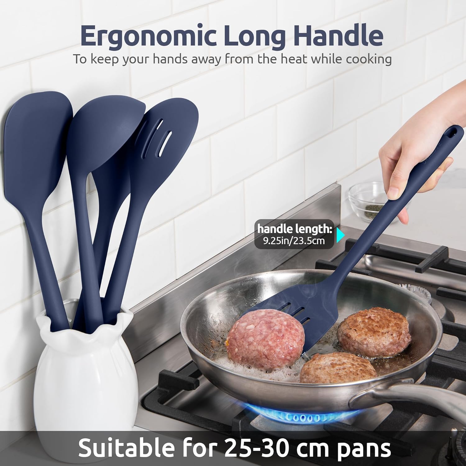 U-Taste Extra Long Silicone Kitchen Utensils, 5 Pcs 315℃ Heat Resistant Food Grade Cooking Tools Non-Stick Silicone Spatula Turner Spoon for Mixing Serving Frying Stirring Draining (Midnight Blue) - Image 7