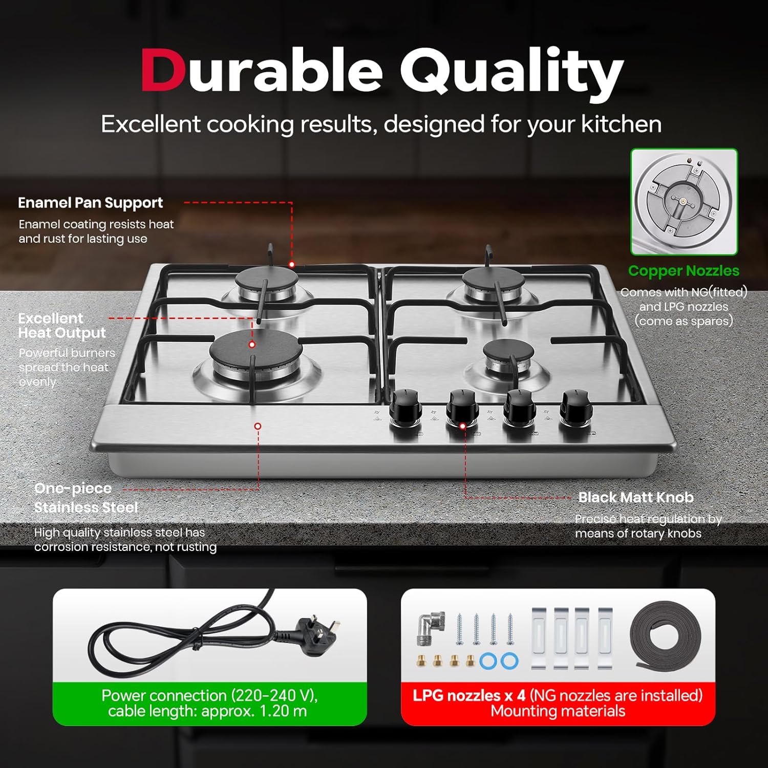 SNDOAS Gas Hob 4 Burners, 60cm Stainless Steel Cooktop, Built-in Gas cooker Hob, 7060W, NG/LPG Convertible, Silver Metallic Finish with Automatic Ignition - Image 3