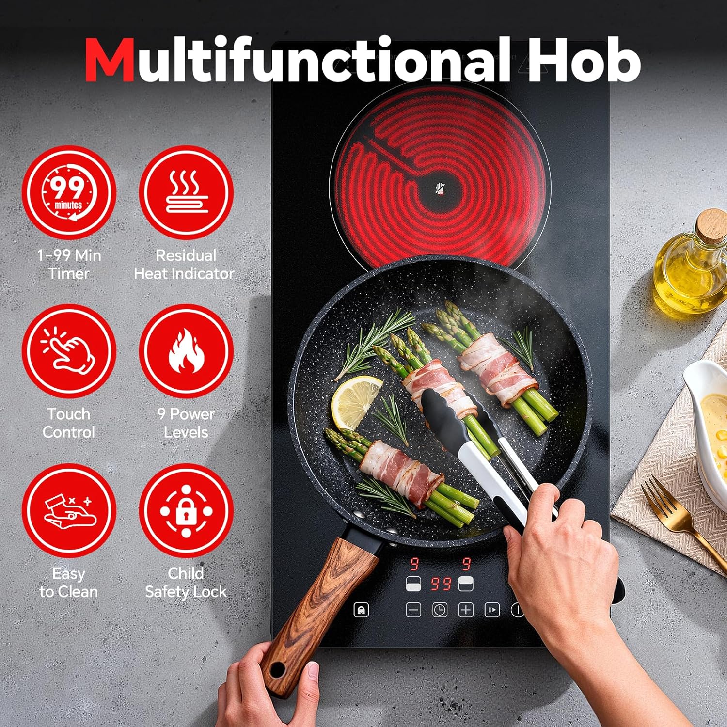 Ceramic Hob 2 Zones, Electric Plug in Hob 30cm 2 Burners, 2800W, 9 Power Levels, 1-99 min Timer, Residual Heat Indicator, Child Safety Lock, Compatible with All Pans & Pots - Image 4