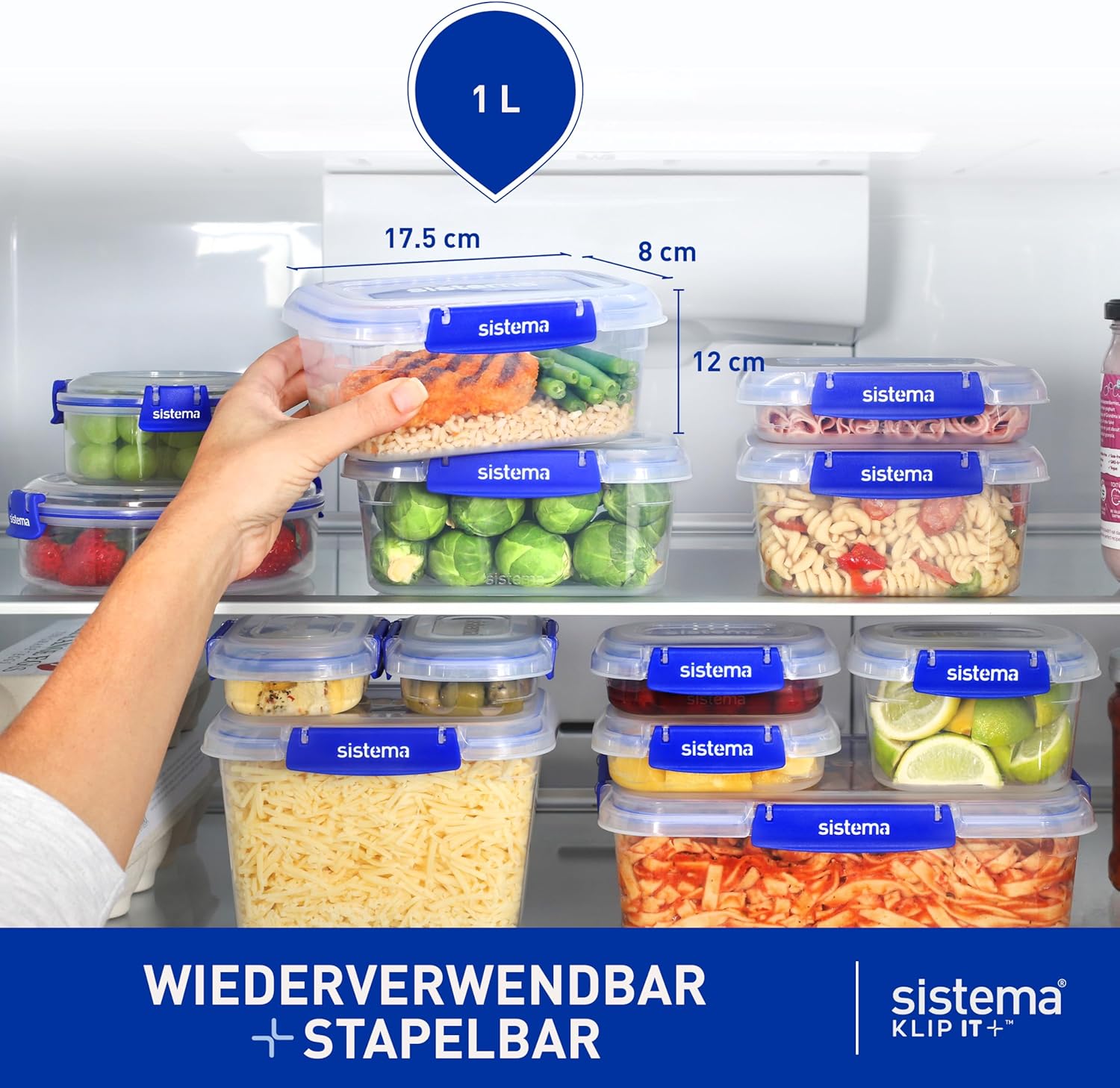 Sistema KLIP IT PLUS Leakproof Food Storage Containers | 1 L | AirtightStackable & Nestable Meal Prep Containers with Lids | School Lunch Boxes | 3 Count - Image 3