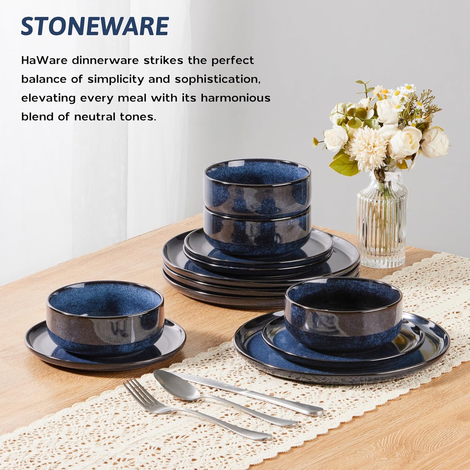 HaWare Dinner Set, 12 Piece Stoneware Dinnerware Service for 4, Reactive Glaze Dining Ware Include Plates and Bowls, Chip and Scratch Resistant, Microwave & Dishwasher Safe, Nebulas Blue - Image 5