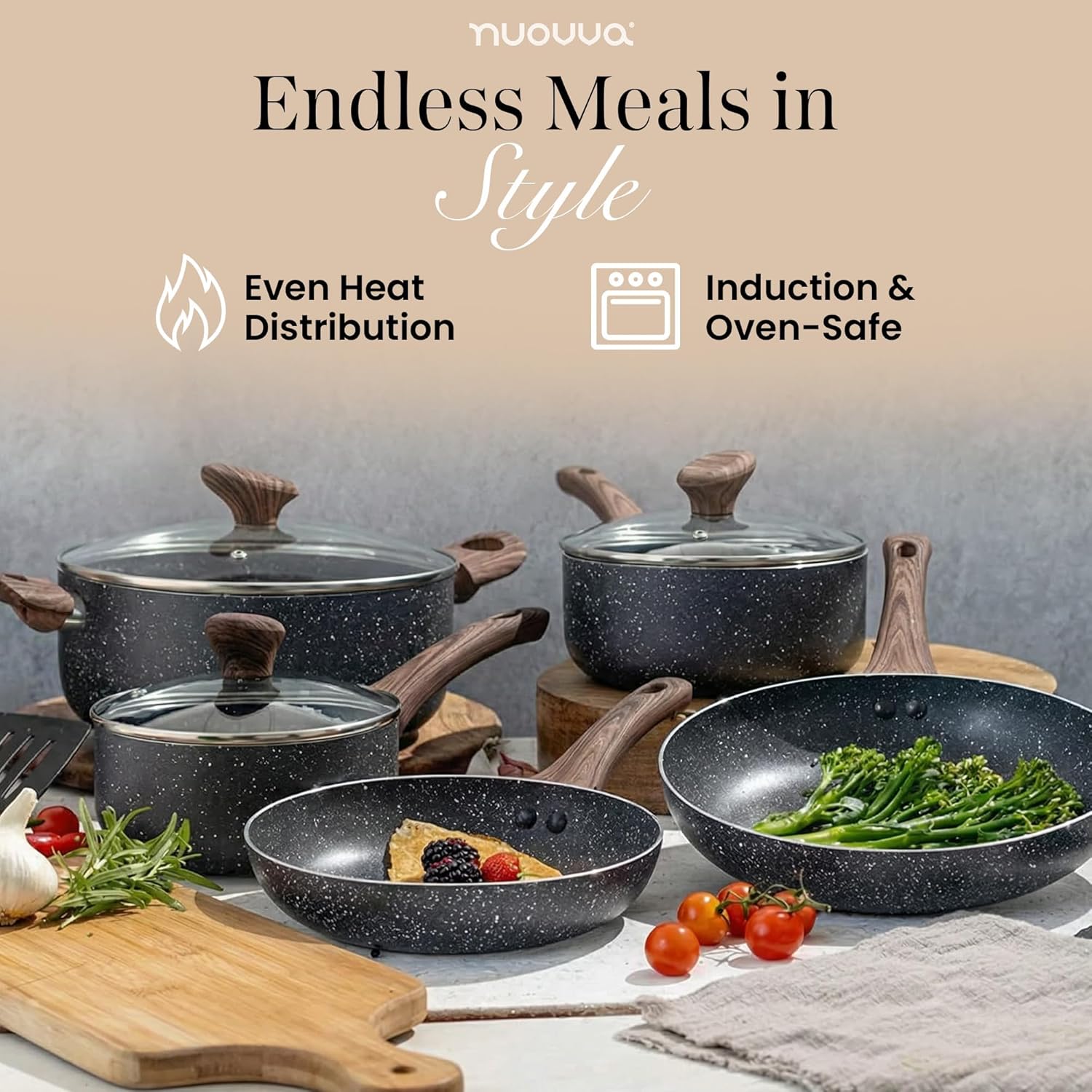 Non Stick Pots and Pans Set – Induction Hob Pot Set – 8pcs Kitchen Cookware with Lids – Cooking Marble Saucepan Pots and Frying Pans – by Nuovva - Image 5