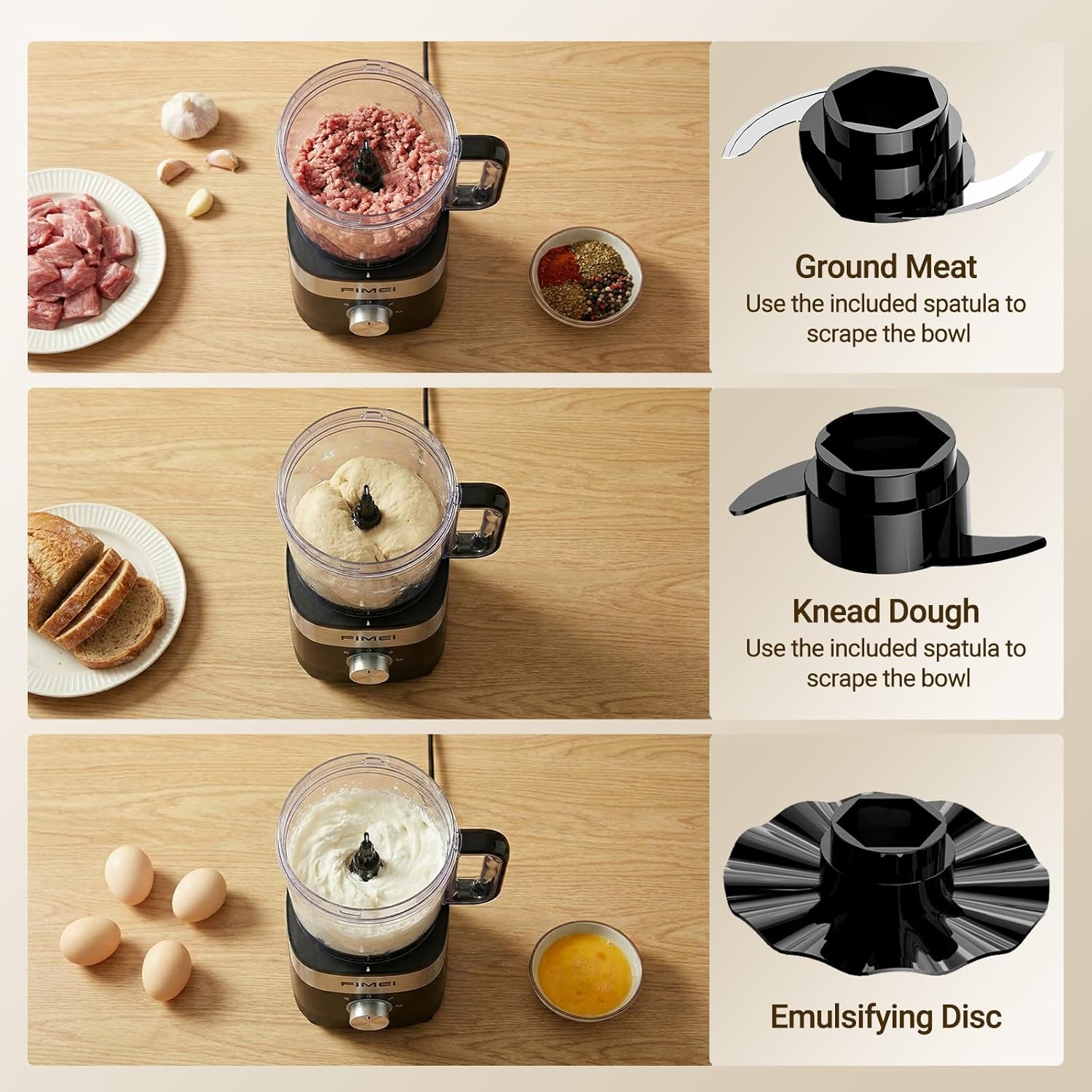 FIMEI Multifunctional Food Processor, 3 Speeds and Pulse Function, 1.5L Chopper, Dough Kneader, Shredder, Reversible Slicer, Emulsifying Disc, Double Lock Protection, Compact and Easy to Store, 800W - Image 2
