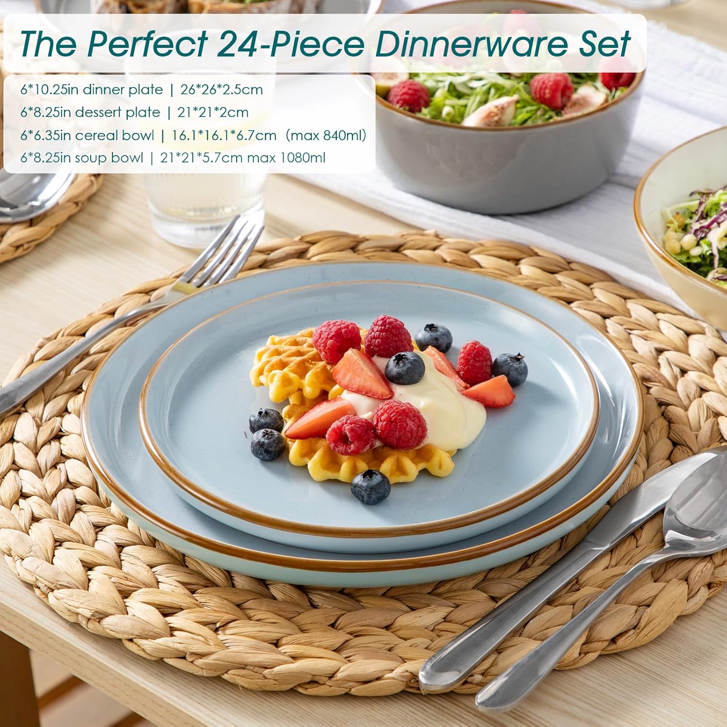 vancasso Reno Stoneware Dinner Set for 6, 24 Pieces Plates and Bowls Set with Dinner Plates, Dessert Plates, Cereal Bowls & Soup Bowls, Speckled Crockery Set in Mixed Colors, Chip & Scratch Resistant - Image 3
