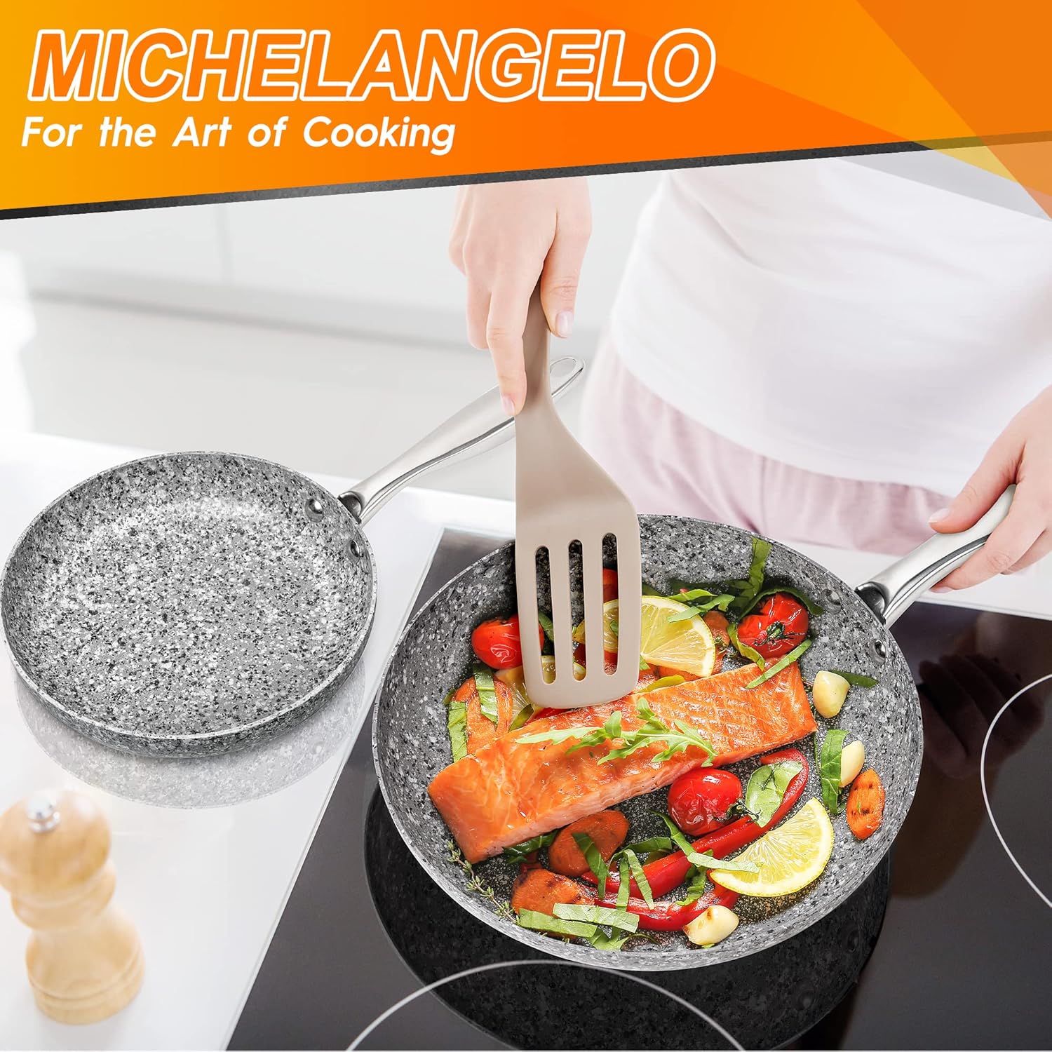 MICHELANGELO 26CM Frying Pan with Lid, Non Stick Fry Pan, Stone-Derived Coating Omelette Pan for Induction, Granite Skillets with Lid-Oven Safe - Image 7