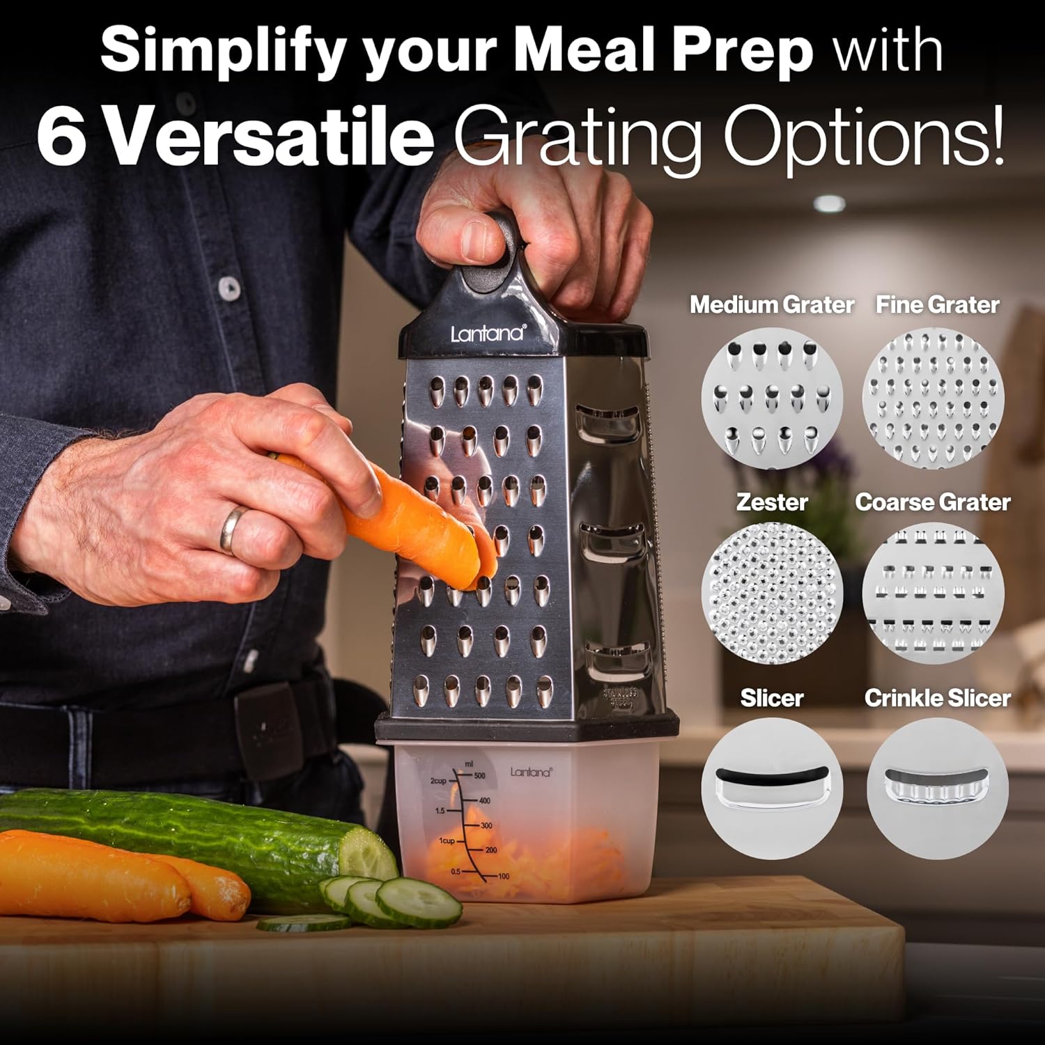 Lantana Cheese Grater with Container – 6 Essential Kitchen Functions for Coarse, Medium, Fine, Micro-Grating/Zesting/Slicing. Hand held, Includes Fitted Measuring Tub with Lid - Image 2