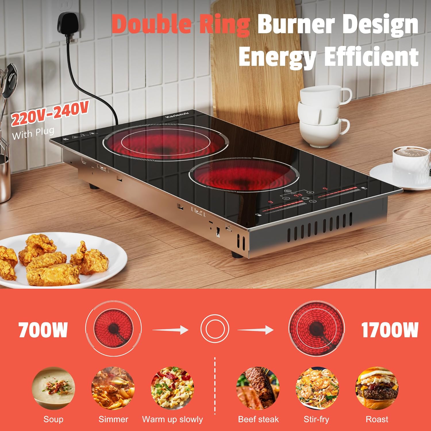 Ceramic Hob 2 Zone, 2 Ring Electric Hob Sliding Control, 30cm Built-in & Countertop Hob, 2800W, 220-240V with Plug, Safety Lock,Timer, Karienvir - Image 4
