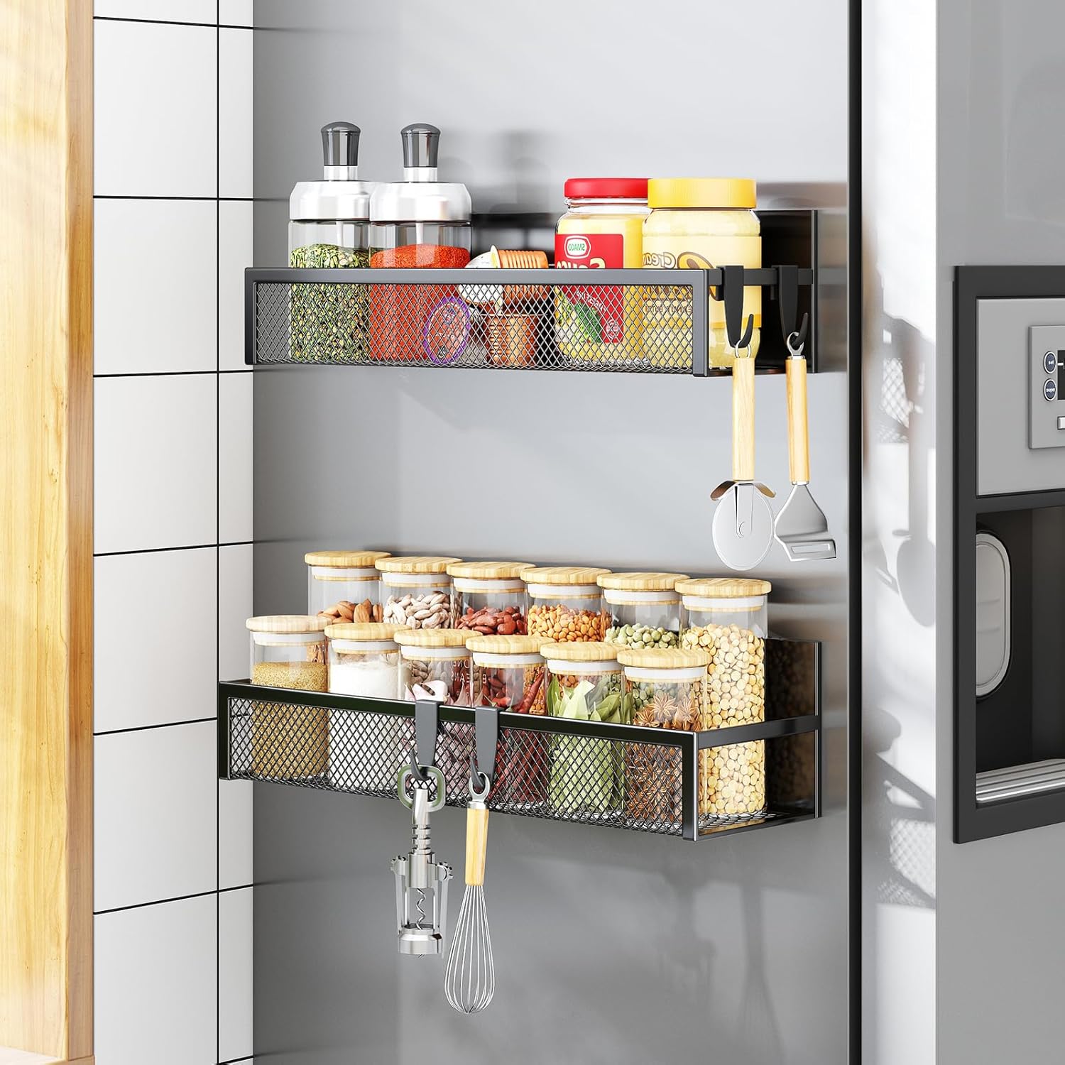 Aufworld Magnetic Spice Rack for Refrigerator, 2 Pack Magnetic Shelf, Fridge Magnet Organizer with Moveable 4 Hooks, Magnet Fridge Shelf for Kitchen Organization and Storage (2 Pack) - Image 8