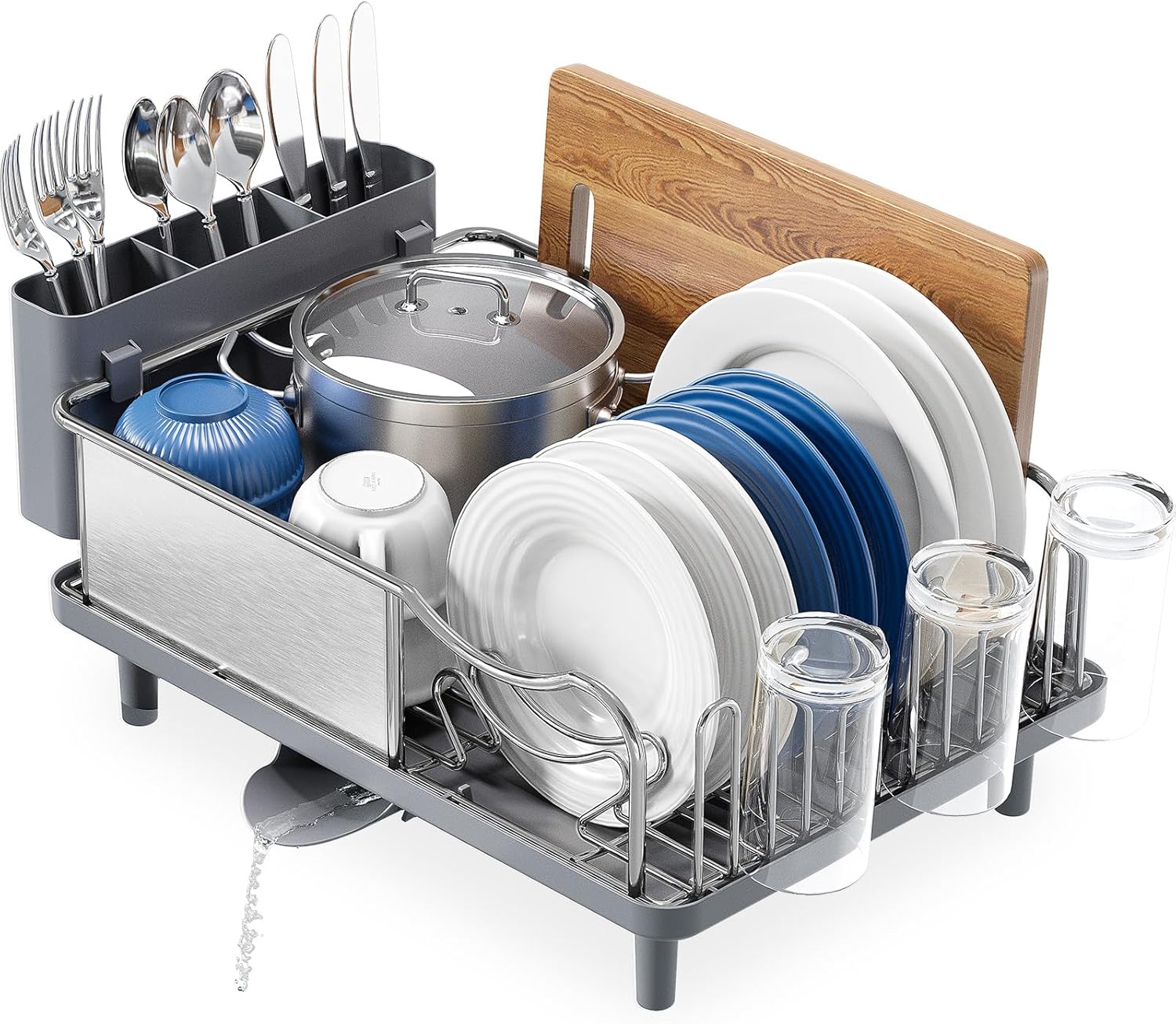 Dish Drainer Rack, Stainless Steel Dish Rack, Draining Board Rack with Anti-Rust Frame, Optional 2 Direction Spout Sink Drain Board Design, Removable Large Utensil Holder for Kitchen, Grey