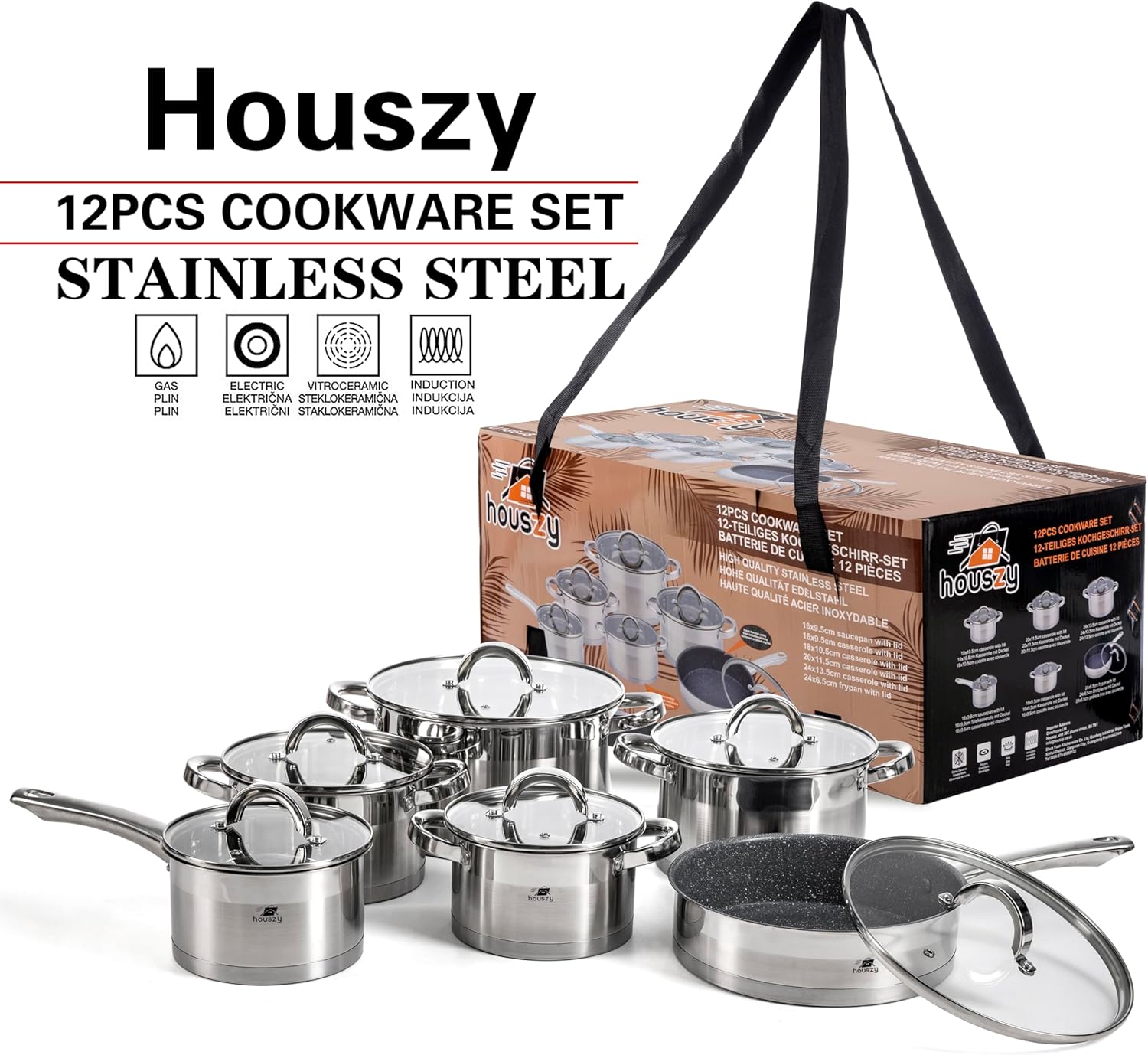 12PC Cookware Set - Saucepan Frying Pan Casserole Stainless Steel Cookware Non Stick Kitchenware Glass Lids Strong Quality Long Lasting & Durable - Image 10