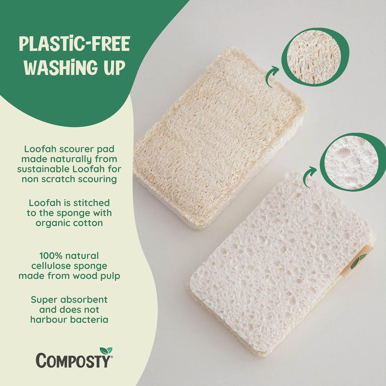 Composty Loofah Sponges Washing Up | Award Winning | 6 Pack | Eco Kitchen Sponge | Non Scratch Scourers | Compostable & Plastic Free | Cellulose Dish Sponge | Biodegradable Household Cleaning Pads - Image 9