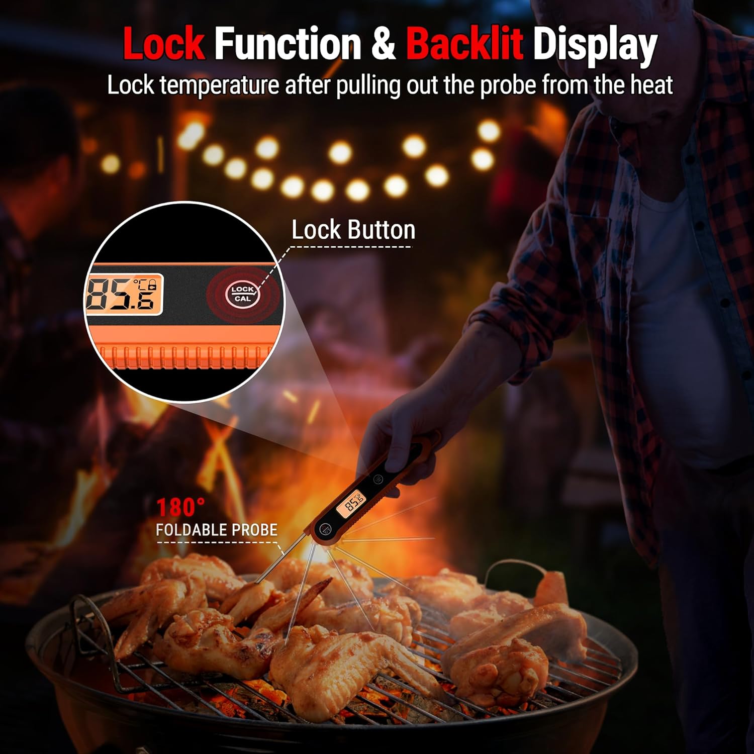 ThermoPro TP03H Meat Thermometer with IPX6 Waterproof, Food Thermometer Foldable Food Temperature Probe with LCD Backlight Calibration Lock Fuction, Kitchen Digital Instant Read Probe for Oil Jam Milk - Image 4