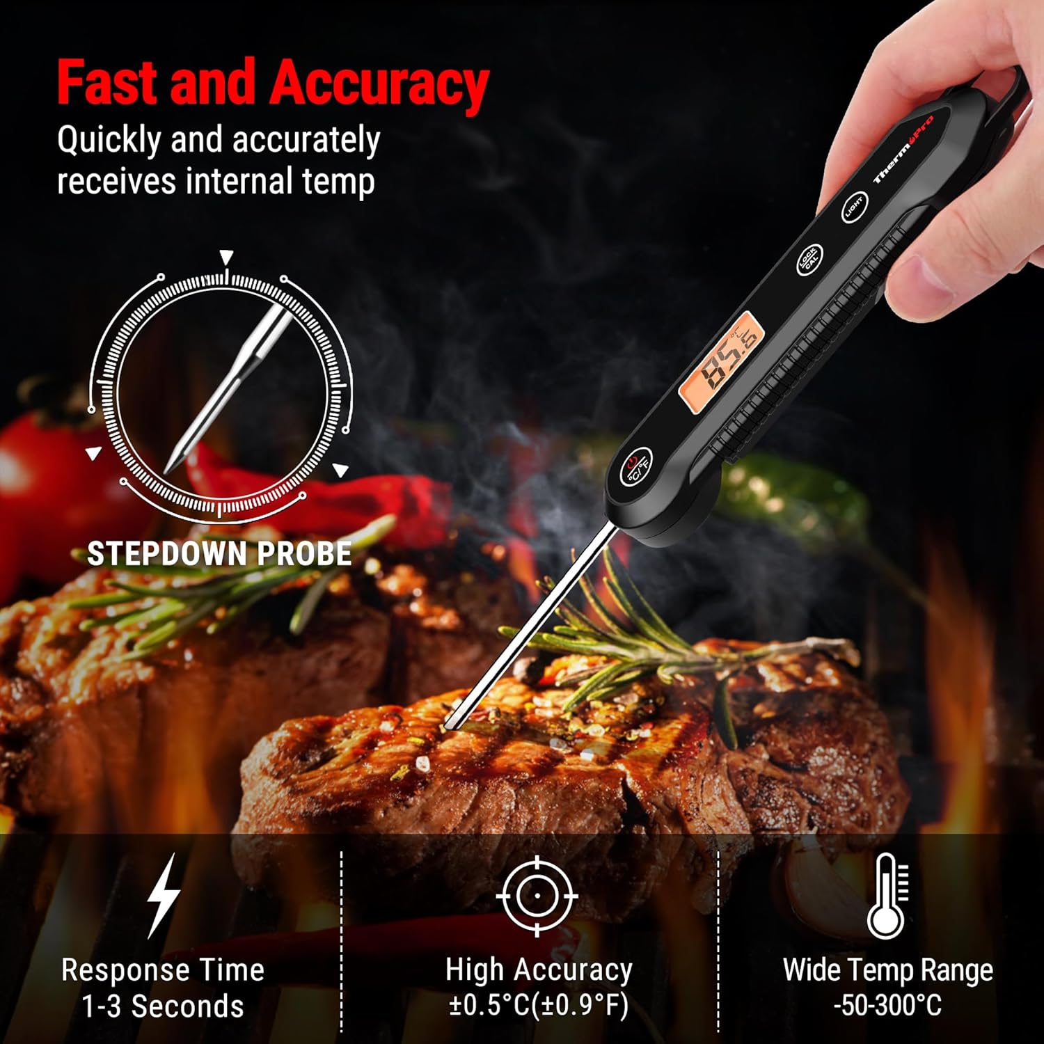 ThermoPro TP03H Meat Thermometers with IPX6 Waterproof, Instant Read Food Thermometer Foldable Temperature Probe with Calibration & Lock Function, Cooking Thermometer for Air Fryers, Kitchen, BBQ Oven - Image 2