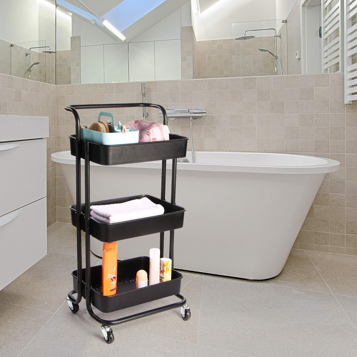 Maison & White 3 Tier Storage Trolley | Bathroom, Kitchen & Utility Unit | Book Cart | Make Up Rack | Mobile Organiser | Fruit & Vegetable Storage | M&W (Black) - Image 2
