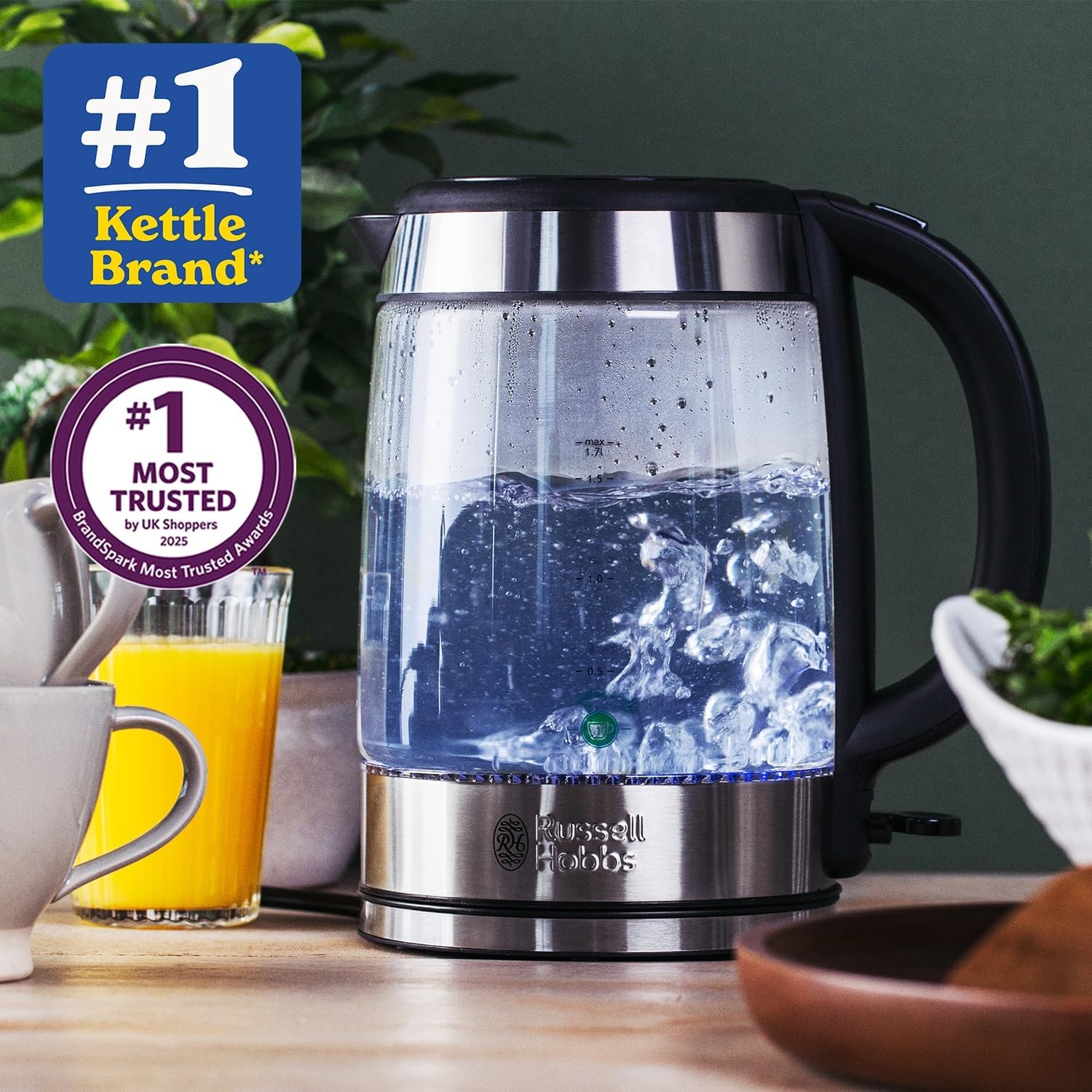 Russell Hobbs Illuminating 1.7L Electric Cordless Glass Kettle with black/brushed stainless steel accents (Fast Boil 3KW, Washable anti-scale filter, Button to open lid, Perfect pour spout) 21600-10 - Image 2