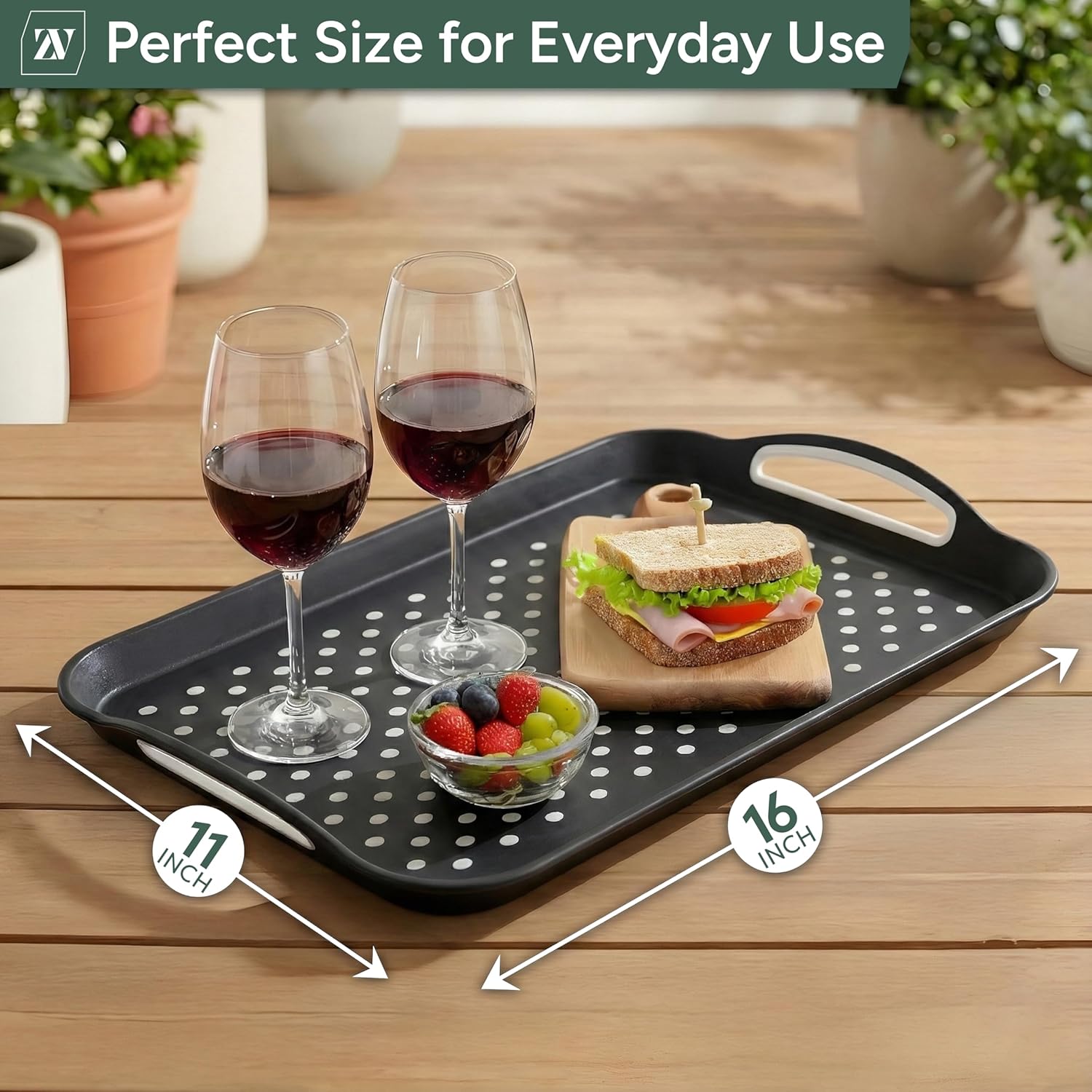 Zuvo Anti-Slip Food Serving Tray with Handles (Set of 2) – BPA-Free Plastic, Lightweight & Durable – Couch Trays for Eating & Drinks (Black) - Image 2