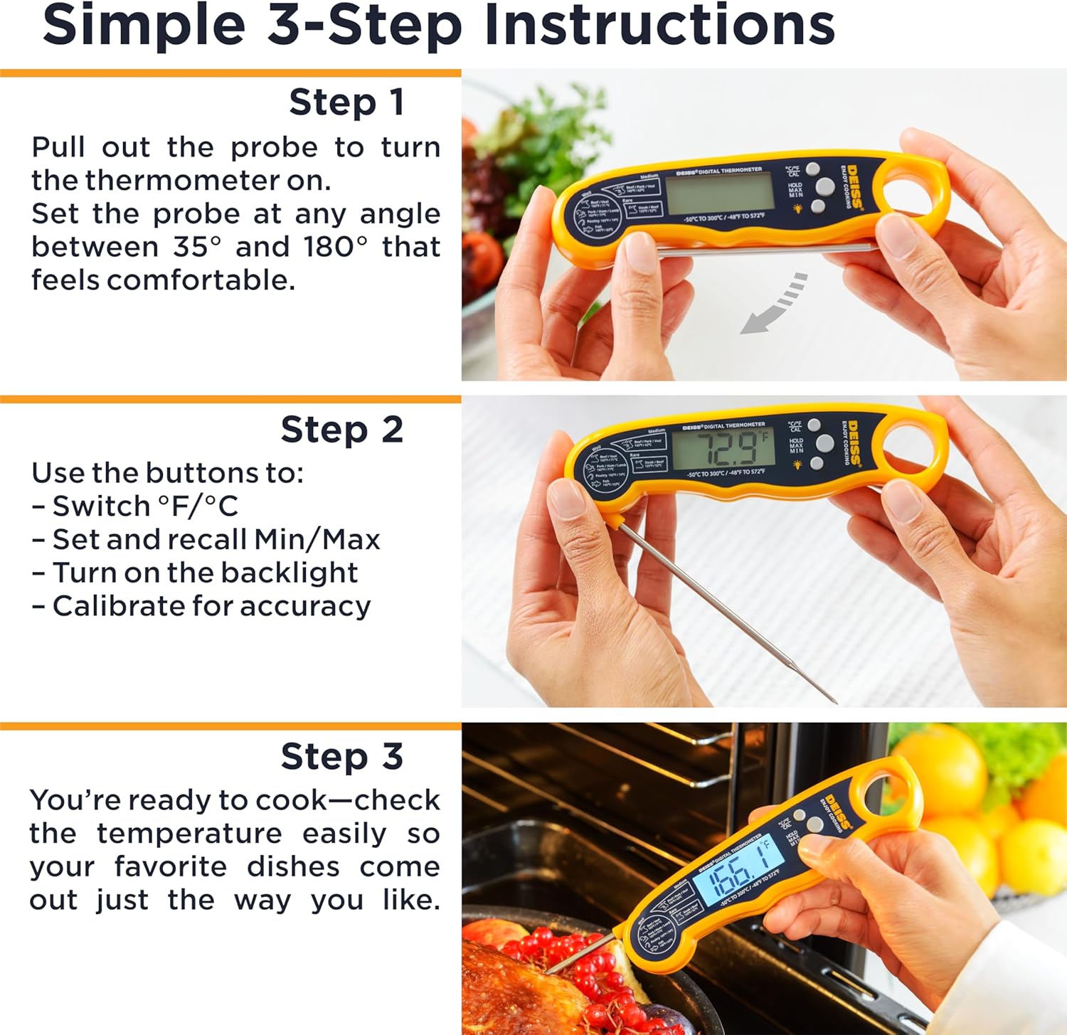 Deiss PRO Digital Meat Thermometer – Ultra Fast Precise Readings with Backlight Display - Perfect Food Thermometer for Beef, Pork, Poultry, Fish – Accurate Cooking Thermometer with Magnet - Image 3