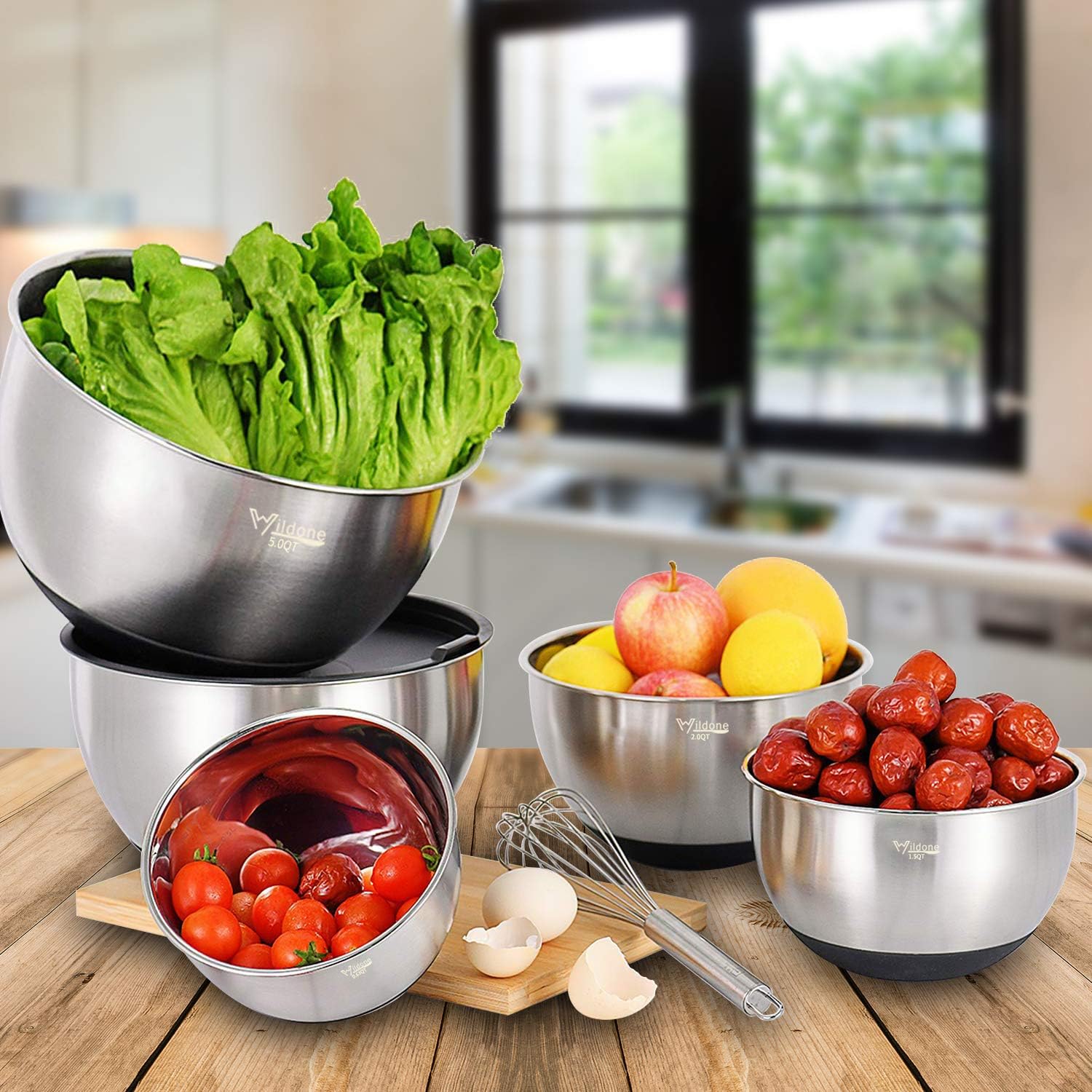 Wildone Mixing Bowls Set of 5, Stainless Steel Nesting Bowls with Airtight Lids, 3 Grater Attachments, Measurement Marks & Non-Slip Bottoms, Size 5, 3, 2, 1.5, 0.63 QT, Great for Mixing & Serving - Image 6