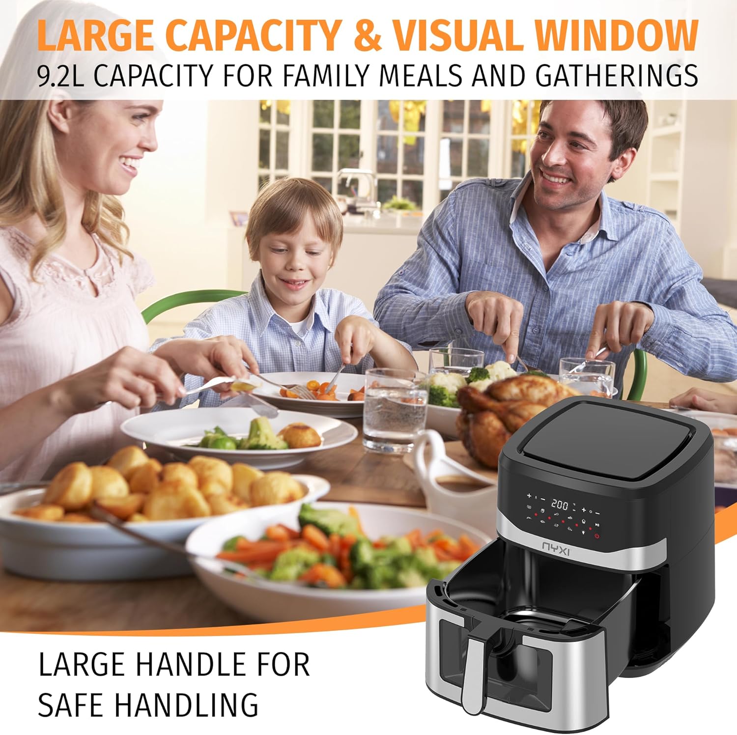 Nyxi 9.2L, XXL Air Fryer Family Size with Viewing Window, Single Basket, 9 Presets, Digital Display, Adjustable Temperature & Timer, Non-Stick Tray, Overheat Protection (Model 3874) - Image 6