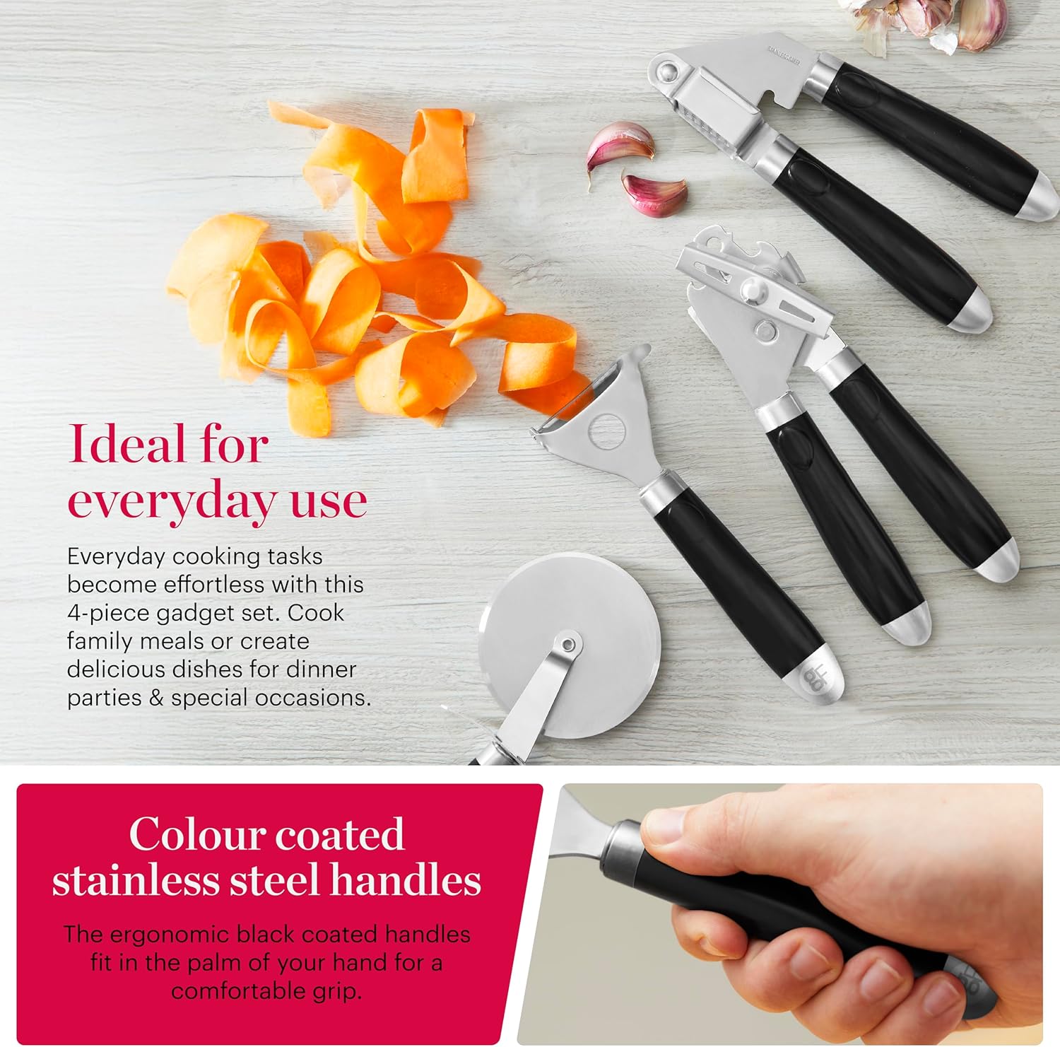 Good Food in Partnership with Tower 4Pc Gadget Set, Pizza Cutter, Y Peeler, Can Opener, Garlic Press, Stainless Steel Heads, Black, GF832253 - Image 3