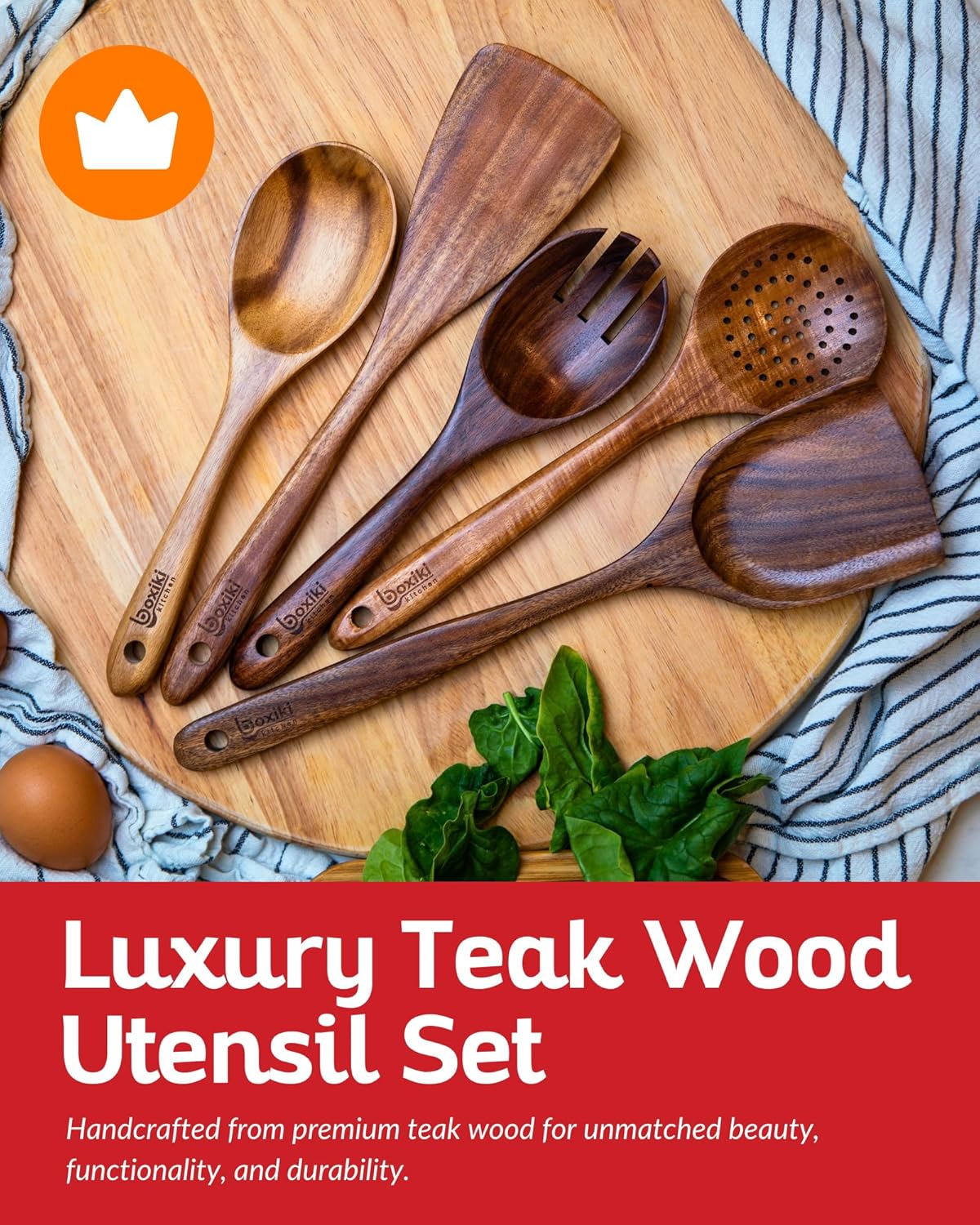 Wooden Spoons for Cooking Set of 6 - Teak Wood Kitchen Utensil Set, FSC Certified Non Toxic Wooden Cooking Utensils with Spatula Mixing Spoon Ladle and Salad Fork for Nonstick Pans by Boxiki Kitchen - Image 2