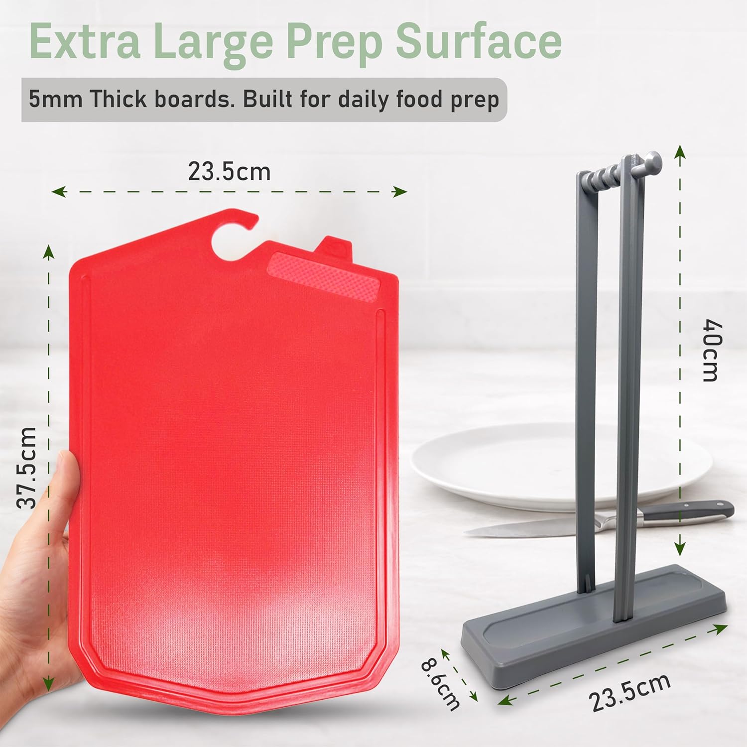 Chopping Board Set (UK Company) – 3 Large 37.5x23.5cm Colour-Coded Plastic Cutting Boards with Vertical Stand & Drip Tray, Reversible, BPA-Free, Non-Slip, Dishwasher Safe - Image 2