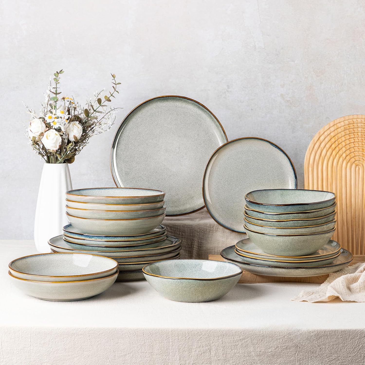 GBHOME Stoneware Dinnerware Sets,Round Reactive Glaze Plates and Bowls Set,Highly Chip and Crack Resistant | Dishwasher & Microwave Safe Dishes Set (Ocean Blue, Set of 24)