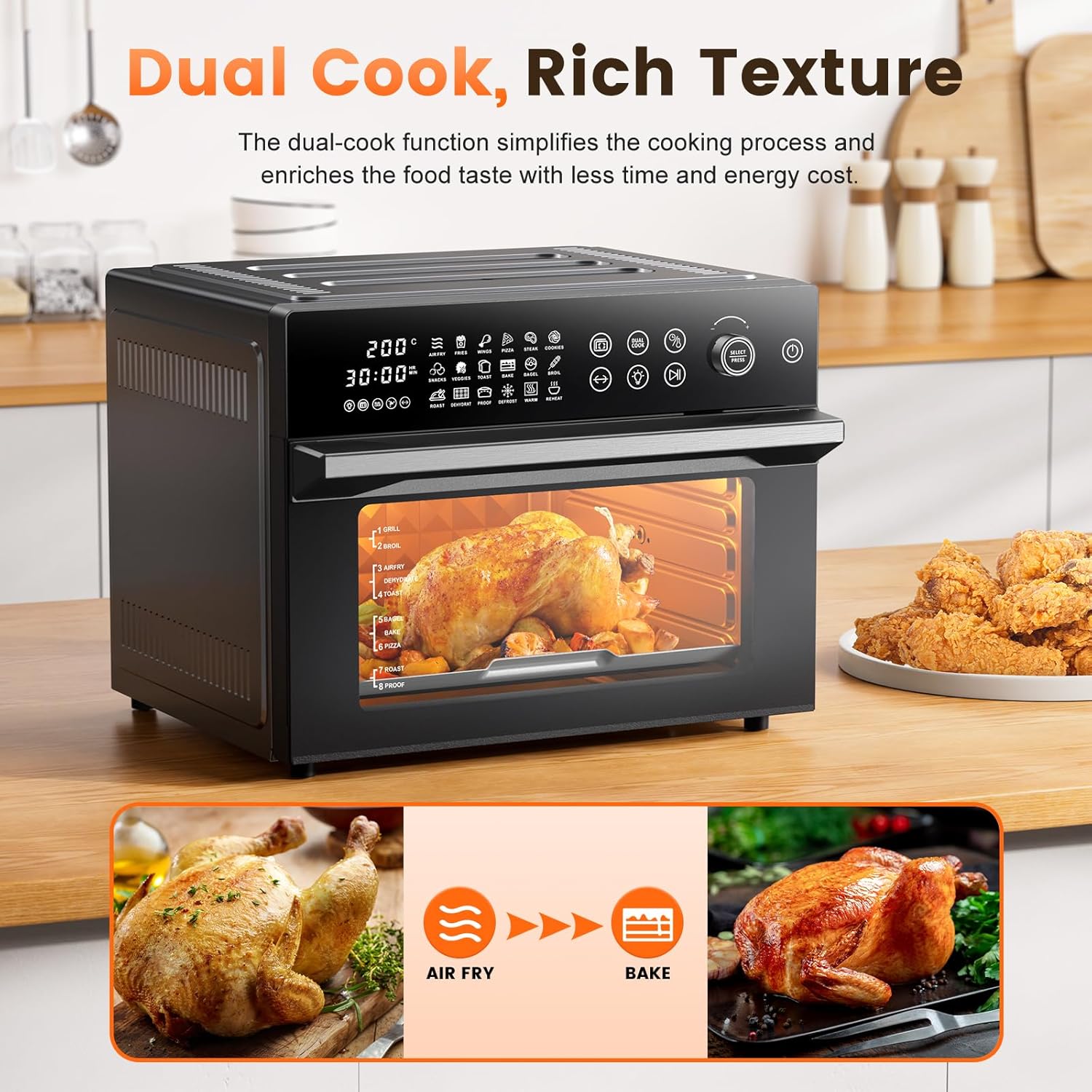 30L Air Fryer Oven, 18 in 1 Presets Dual-Cook Function Air Fryer, 360°Hot Air Circulation Technology/Digital Knob/LED Touch Panel/Timer & Temperature Control, Oil-Less Cooking, 7 Accessories, 1800W - Image 5