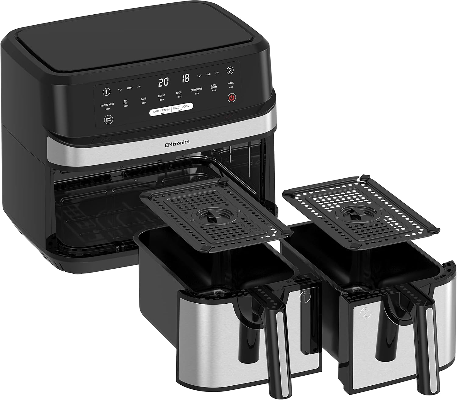 EMtronics EMAFDD9LSL Dual Air Fryer Extra Large Family Size Double XL 9 Litre with 8 Pre-Set Menus for Oil Free & Low Fat Healthy Cooking, Easy Clean Metal Interior, 99-Minute Timer - Stainless Steel - Image 4