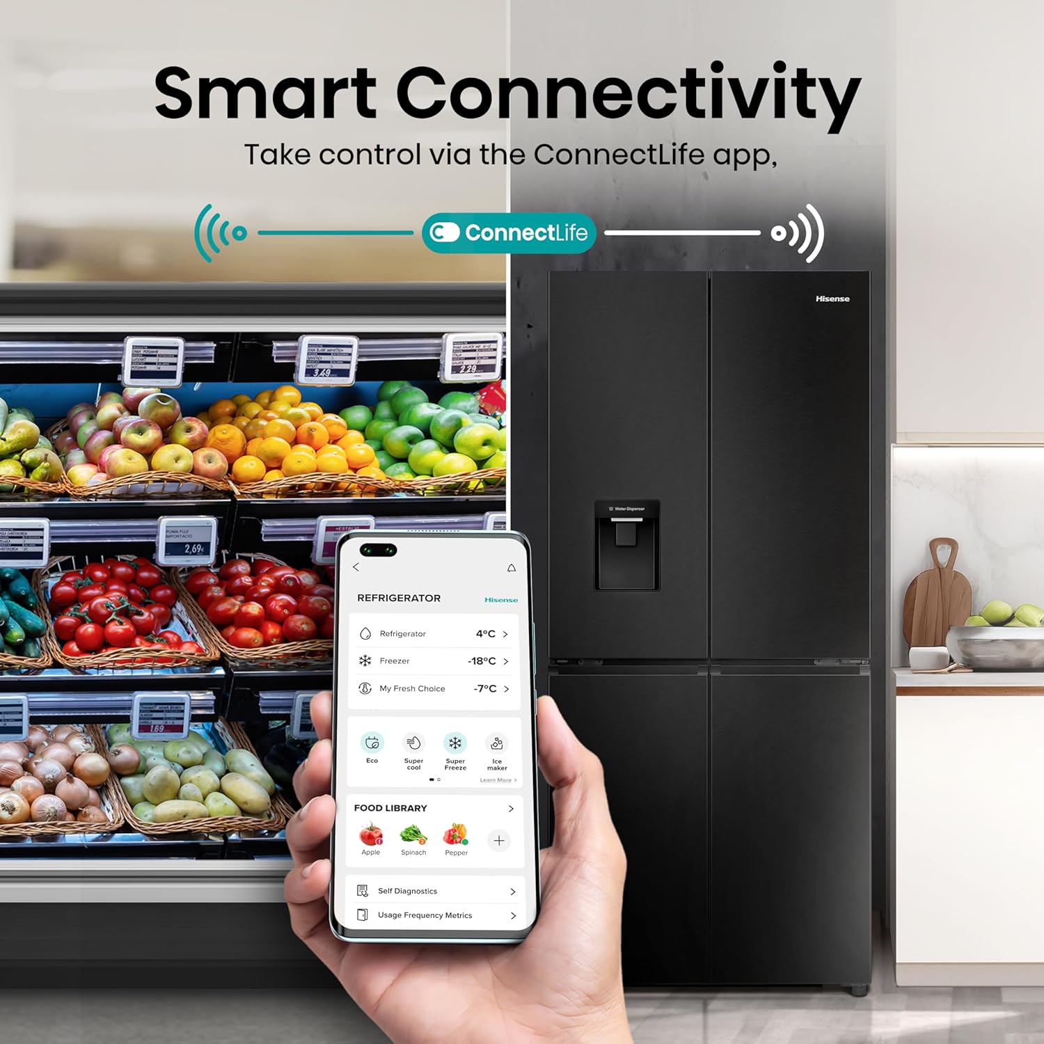 Hisense RQ5P470SMFE Wifi Connected American Fridge Freezer Cross Door with Water Dispenser, No Frost, 482 liters, Black Stainless Steel - E Rated, Noise level: 37 decibels, H178.5 x W79.4 x D69.8 (cm) - Image 8