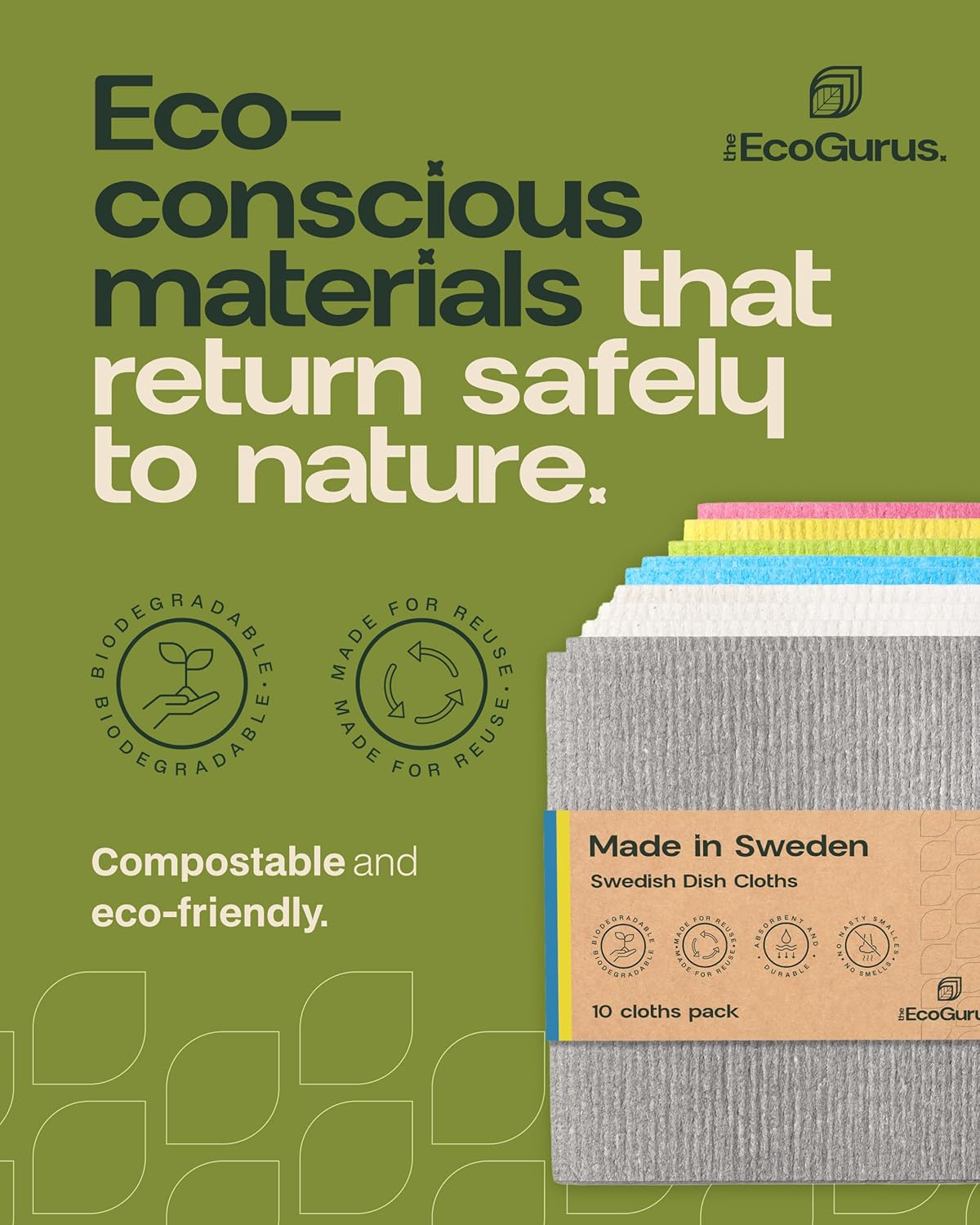 10 Pack Odour-Resistant Reusable Cleaning Cloths | Original Swedish Dishcloth | Made in Sweden | Suitable for All Surfaces | Biodegradable Cellulose Sponge | Kitchen & Bathroom | Grey - Image 4
