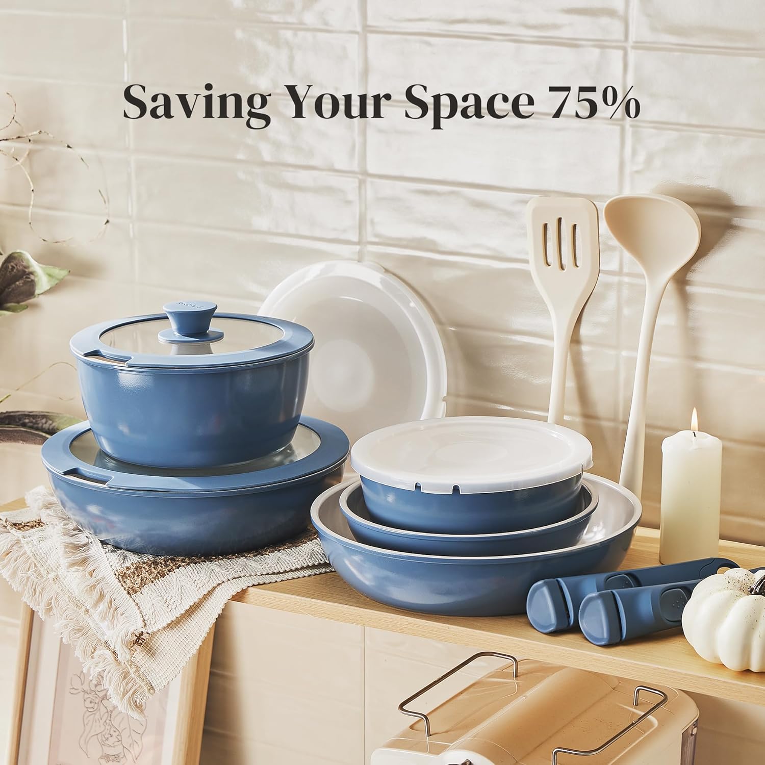Redchef Ceramic Pots and Pans Set Non Stick, 16 pcs Nonstick Cookware Set with Detachable Handle, Non Toxic, PFAS PFOA & PTFE Free, RV Ceramic Cookware Set for Camping, Oven Safe (Blue) - Image 6