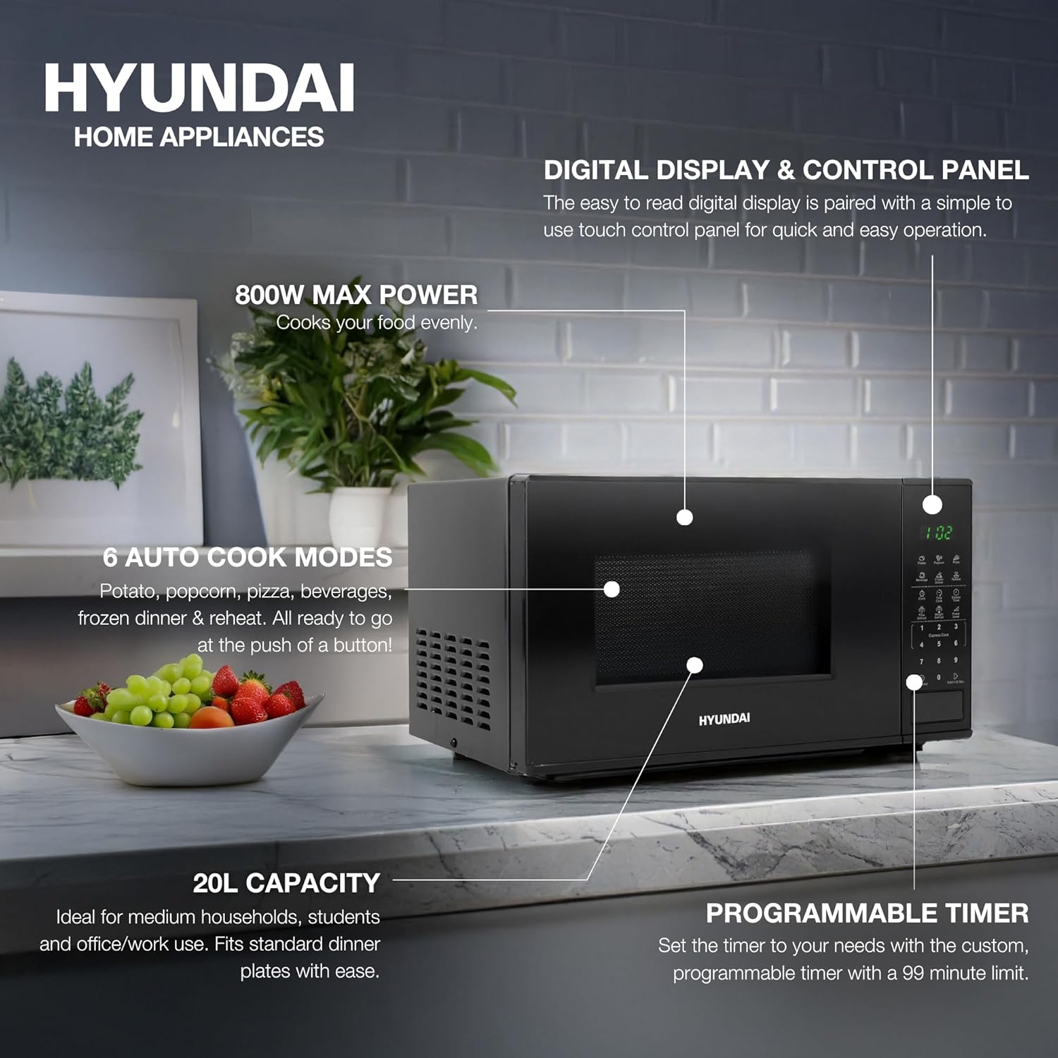 Hyundai 800W 20L Black Digital Microwave, Stainless Steel Interior, 11 Power Levels, Automatic Defrost, 6 Auto Cook Modes, Clock and Timer, Digital Controls, Easy Clean & Child Lock - Image 2