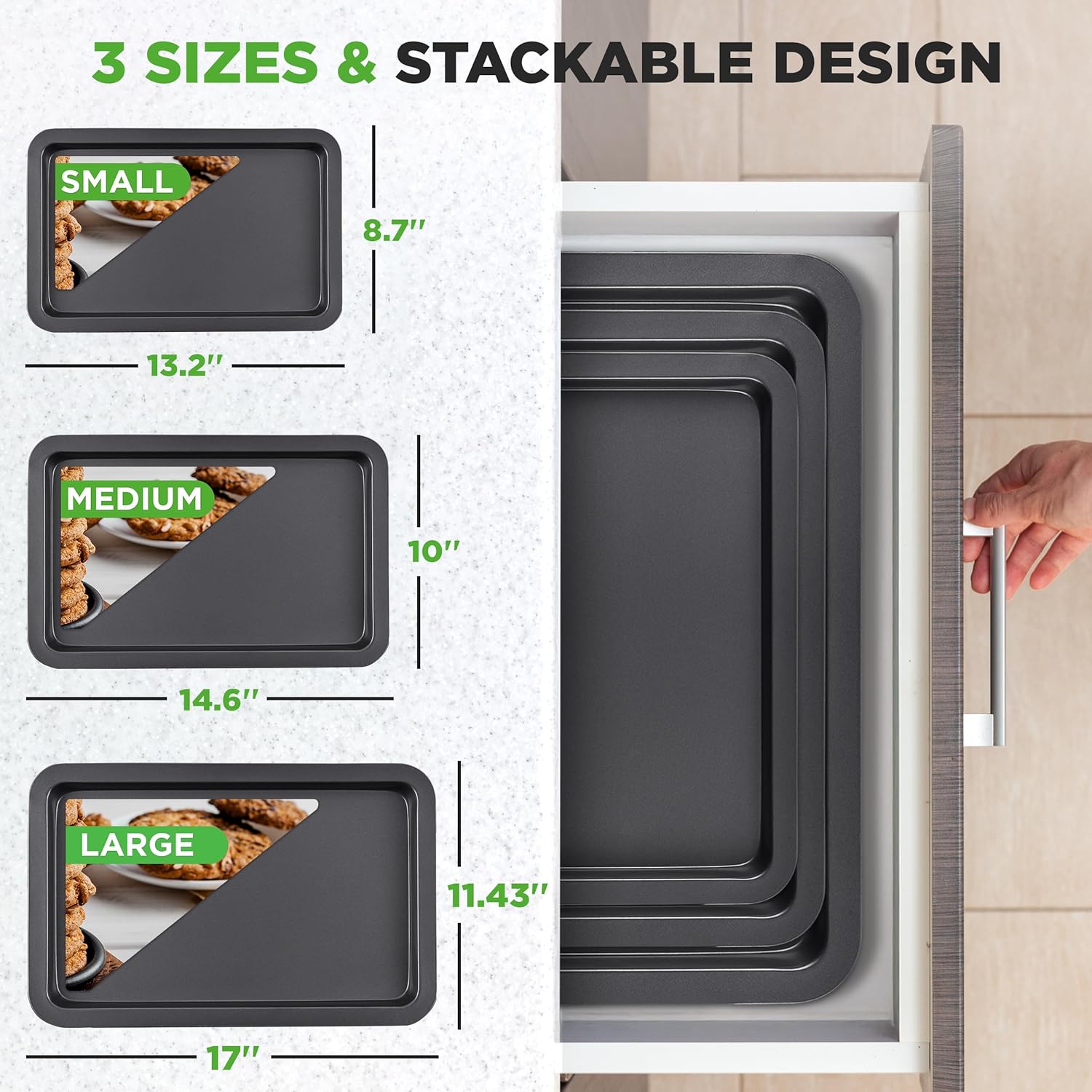 NutriChef Oven Tray Set Non Stick – 3 Piece Baking Tray Set for Oven, Heavy Duty Carbon Steel, Stackable Cookie Sheets | Small Medium Large Trays for Cooking & Baking - Image 3