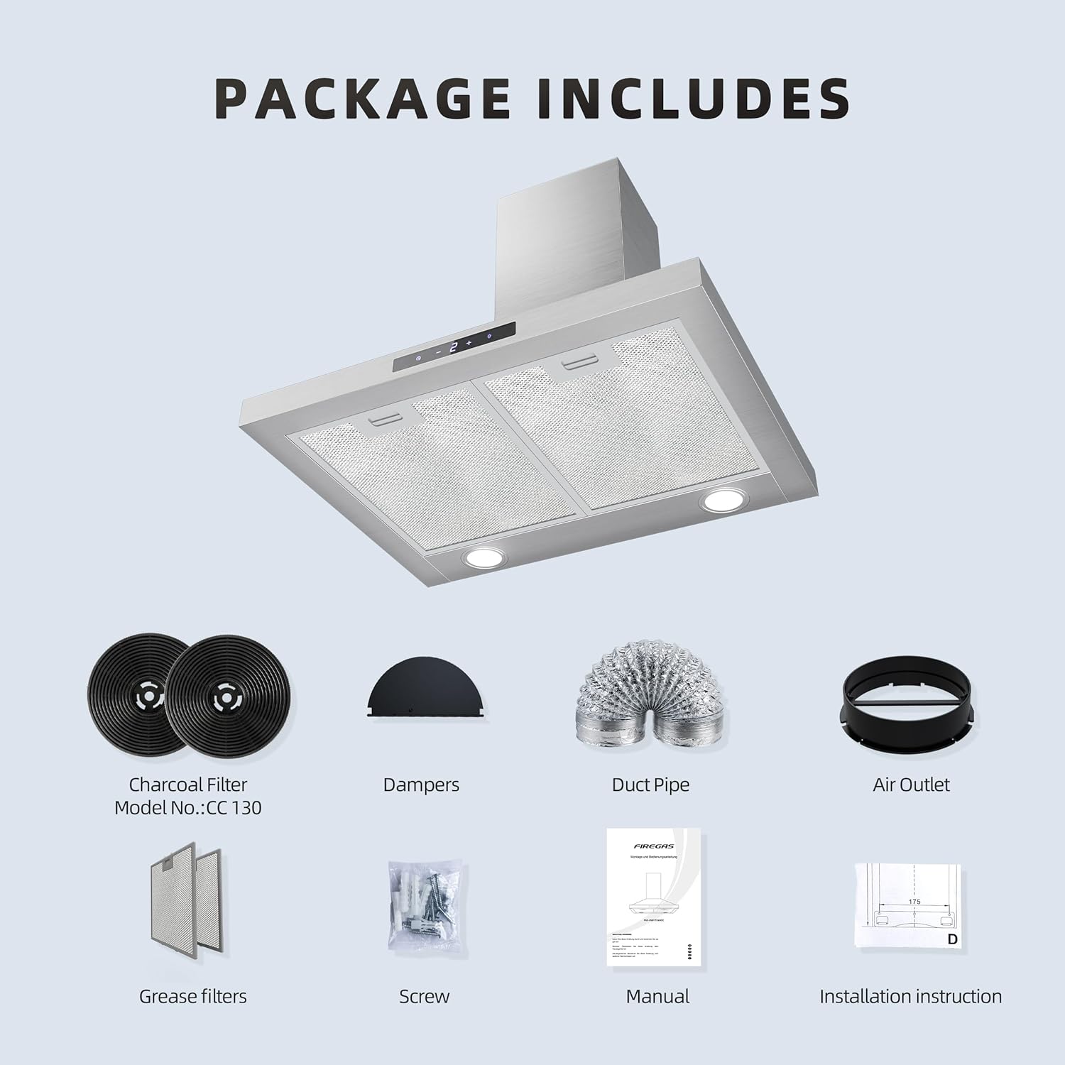 FIREGAS Chimney Cooker Hood 60 cm, 3 Fand Speeds, 335 m³/h,Touch controls,Recirculating & Ducting Extractor Hood Wall Mounted Range Hood 600mm Kitchen Extractor Fan - Stainless Steel - Image 7